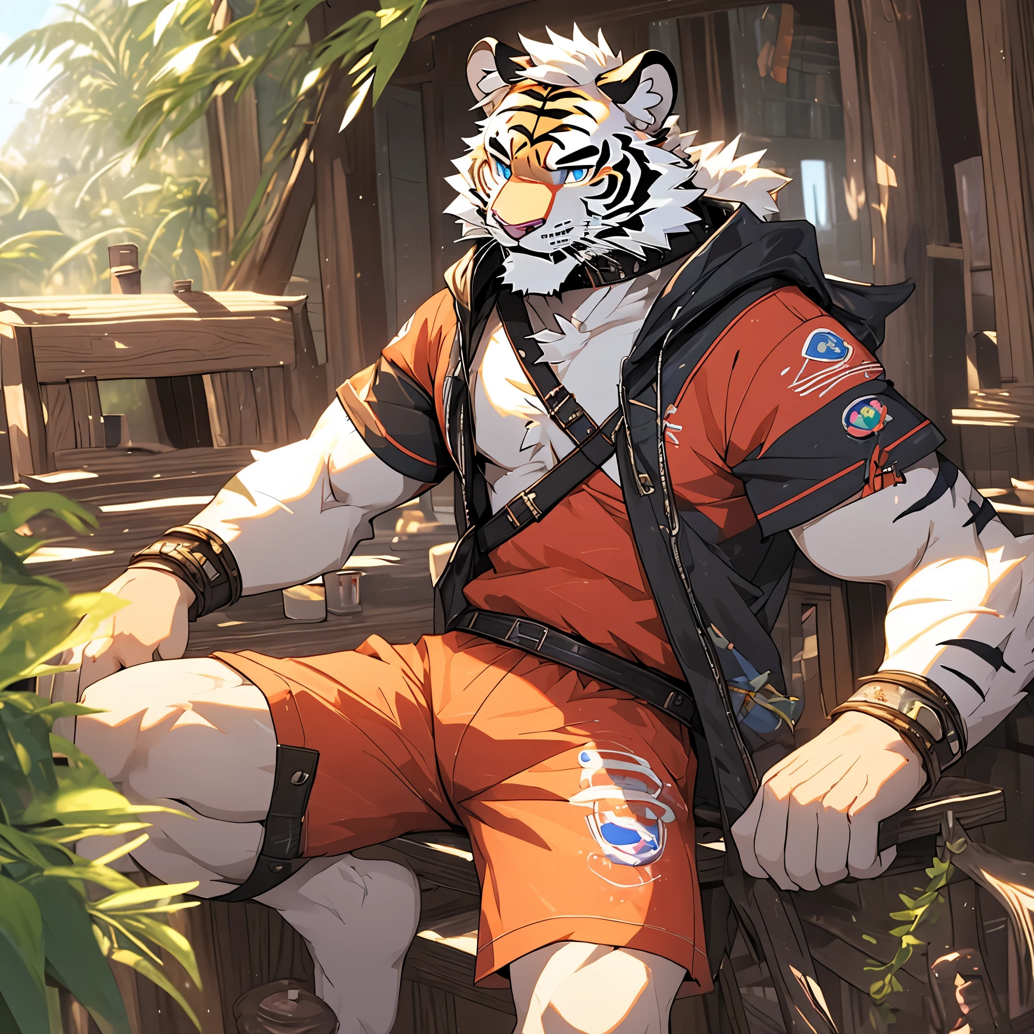 individual,Tiger,White hair,blue eyes,left hand with black stripes,蓝色Tiger纹,Shota,shirt,shorts