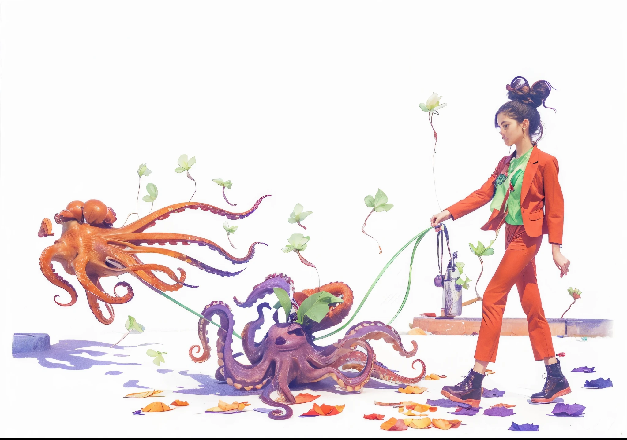 Two octopuses are in the middle of the city, a woman in a red suit is walking an octopus with her hair up in a heart shape, and flower petals are blowing in the wind.