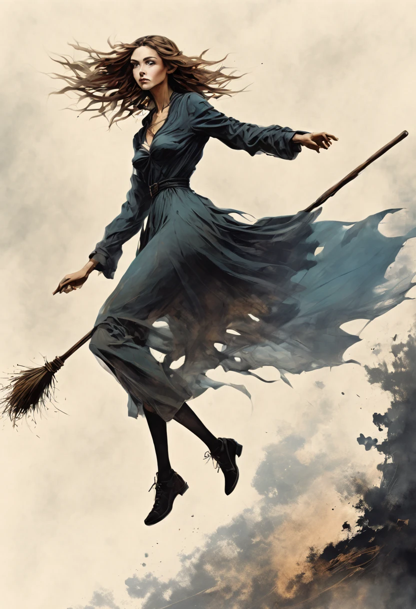 Witch on a broomstick Gripping the broom with her hips gliding through the air, outlined in black ink with varying densities to convey emotion and posture, minimalist background enhancing the interplay of light and shadow,Flying Broomstick Racer, spatial depth, watercolor style infused with the artistic essence of Greg Rutkowski, capturing attention on ArtStation, sharp focus, studio setting, accentuating intricate details, highly detailed. Highest image quality、highest quality、highest resolution、masterpiece. 