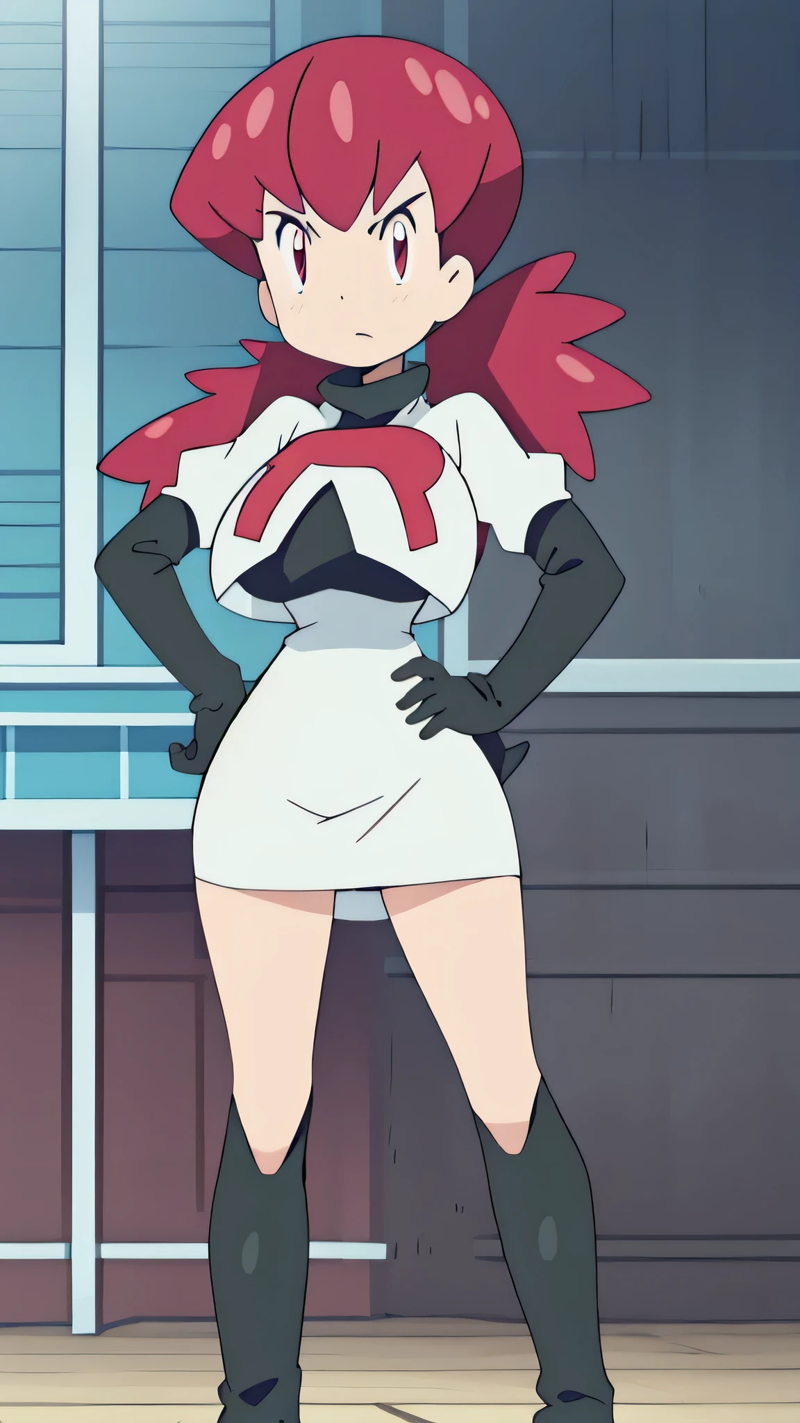 1girl in, (Solo:1.2), (Perfect body:1.1), (Best Quality:1.1), , very large breast, hands on hip,team rocket uniform, red letter r, white skirt,white crop top,black thigh-high boots, black elbow gloves, glaring angrily, looking at viewer, hands on hips,zettai ryouiki, full body seen, whitney,
