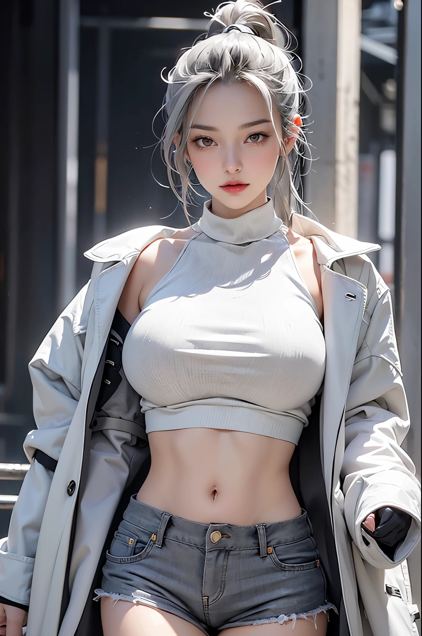 young girl, cheveux gris courts, gray eyes, high ponytail, cyberpunk, white top, open belly, shorts, fur coat, masterpiece, high quality, silver wolf，(huge breasts:1.2),wet skin（（rogue））