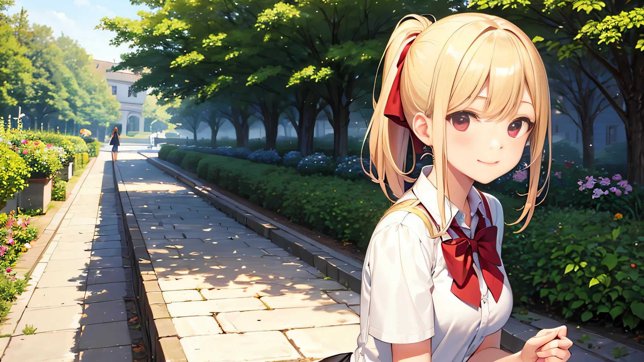 blonde ponytail red eyes one girl high school girl uniform smile outdoor garden