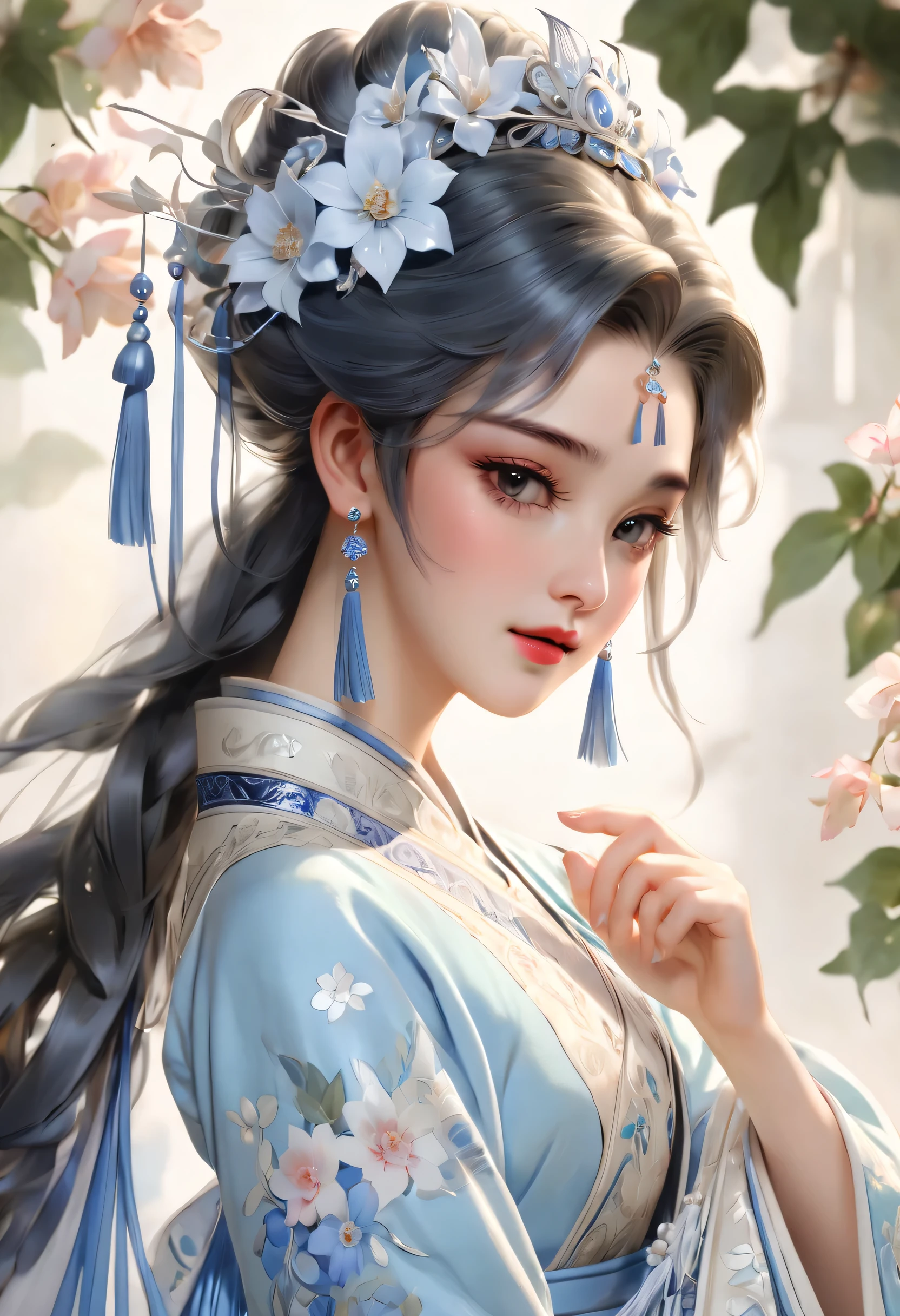 A Chinese style animated female character, Intricate classical beauty, Wear striking traditional clothing, The main colors are light blue and white, Her hair was tied into an intricate bun, Decorated with blue and white and fringed accessories, long, Thin eyebrows perfectly set off her large brows, glowing eyes, Light makeup further enhanced her features, She holds an unfolded fan in her hand, Full of delicate floral patterns，Match her outfit, The background of flowers with simple shapes is painted light blue，Brings serenity and elegance to the composition, The charm of the overall style stems from its gentleness and sophistication, smooth lines, Soothing colors create a dreamy aesthetic, (best quality,4K,8k,high resolution, masterpiece:1.2),Super detailed,(actual,photoactual,photo-actual:1.37),studio lighting, Ultra-fine painting