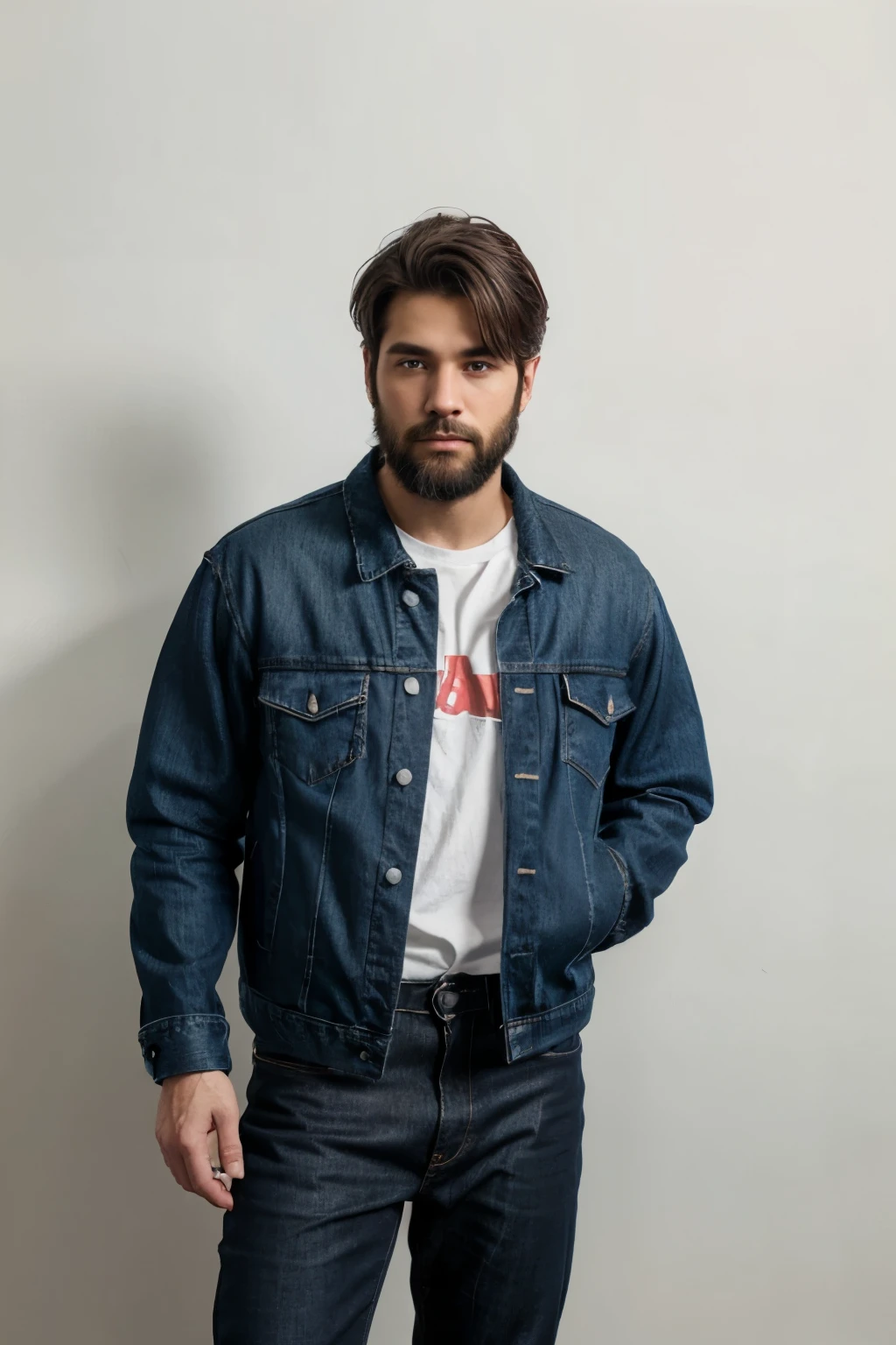 light beard boy with dark blue jean jacket and black shit , plain white background