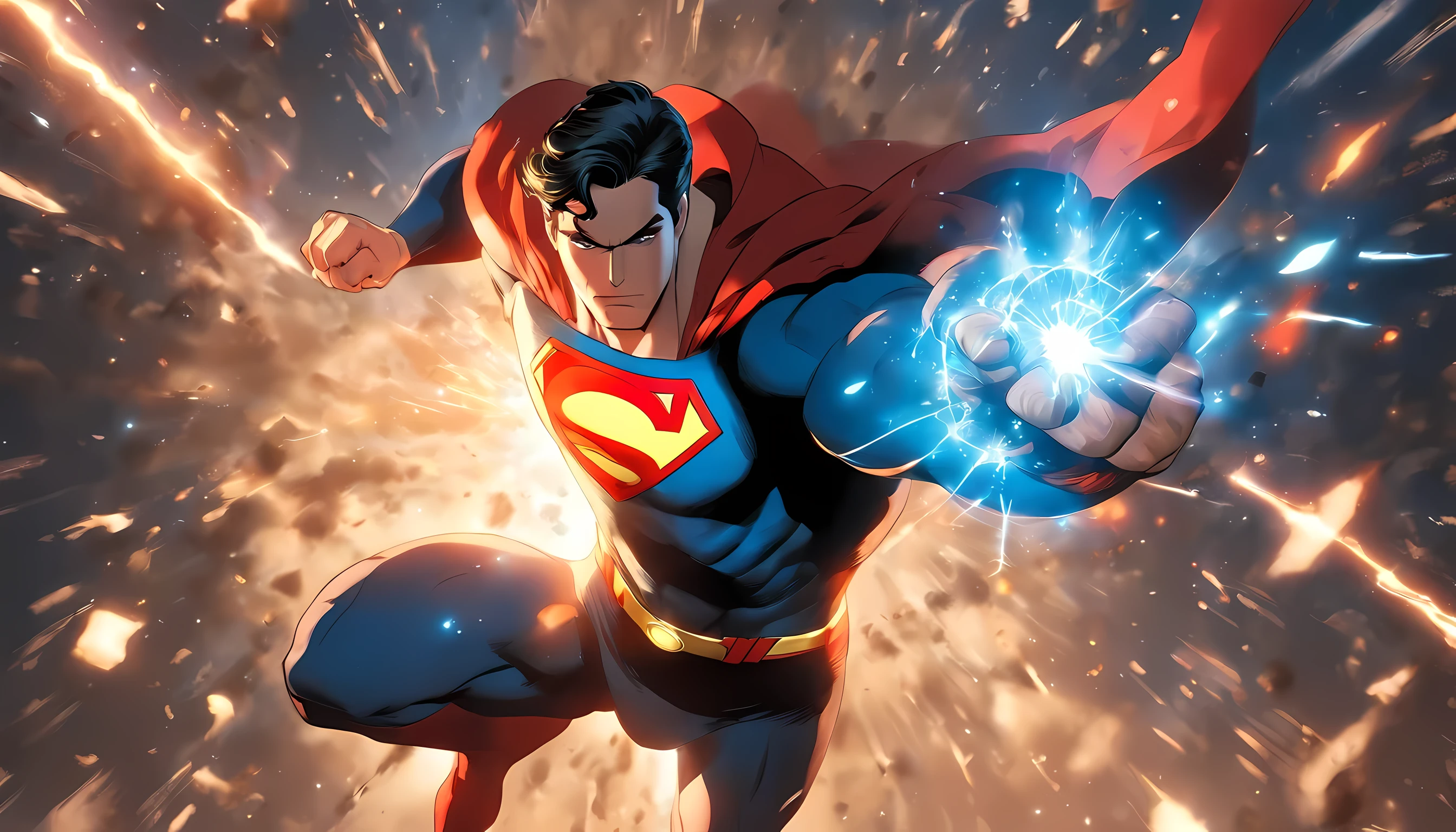1 man (superman, clark kent) punching a star, full-body illustration, the background is in space near the star, the star is explode with high explosive effect and high solar radiation, detailed eyes, face to detail, perfect hands, absurd res, highres, 8k illustration, camera angle from front