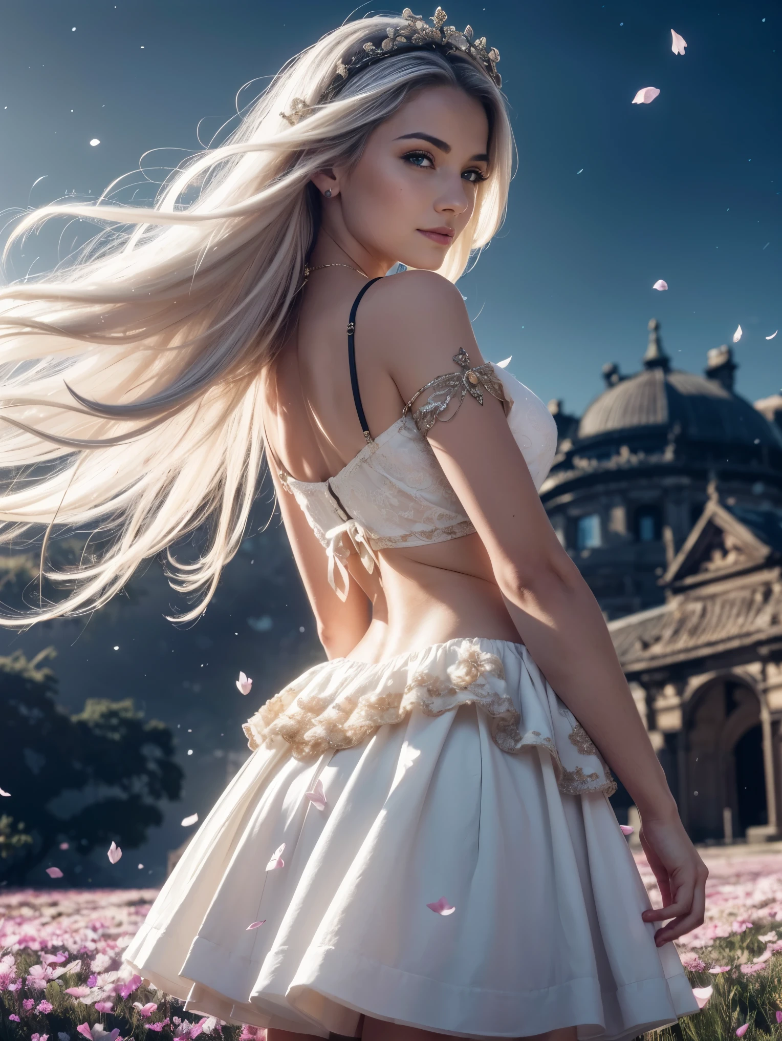 masterpiece, best quality, an ultra hot gorgeous European woman, age 23, (colorful),(finely detailed beautiful eyes and detailed face),cinematic lighting,bust shot,extremely detailed CG unity 8k wallpaper,white hair,solo,smile,intricate skirt,((flying petal)),(Flowery meadow) sky, cloudy_sky, building, moonlight, moon, night, (dark theme:1.3), light, fantasy,