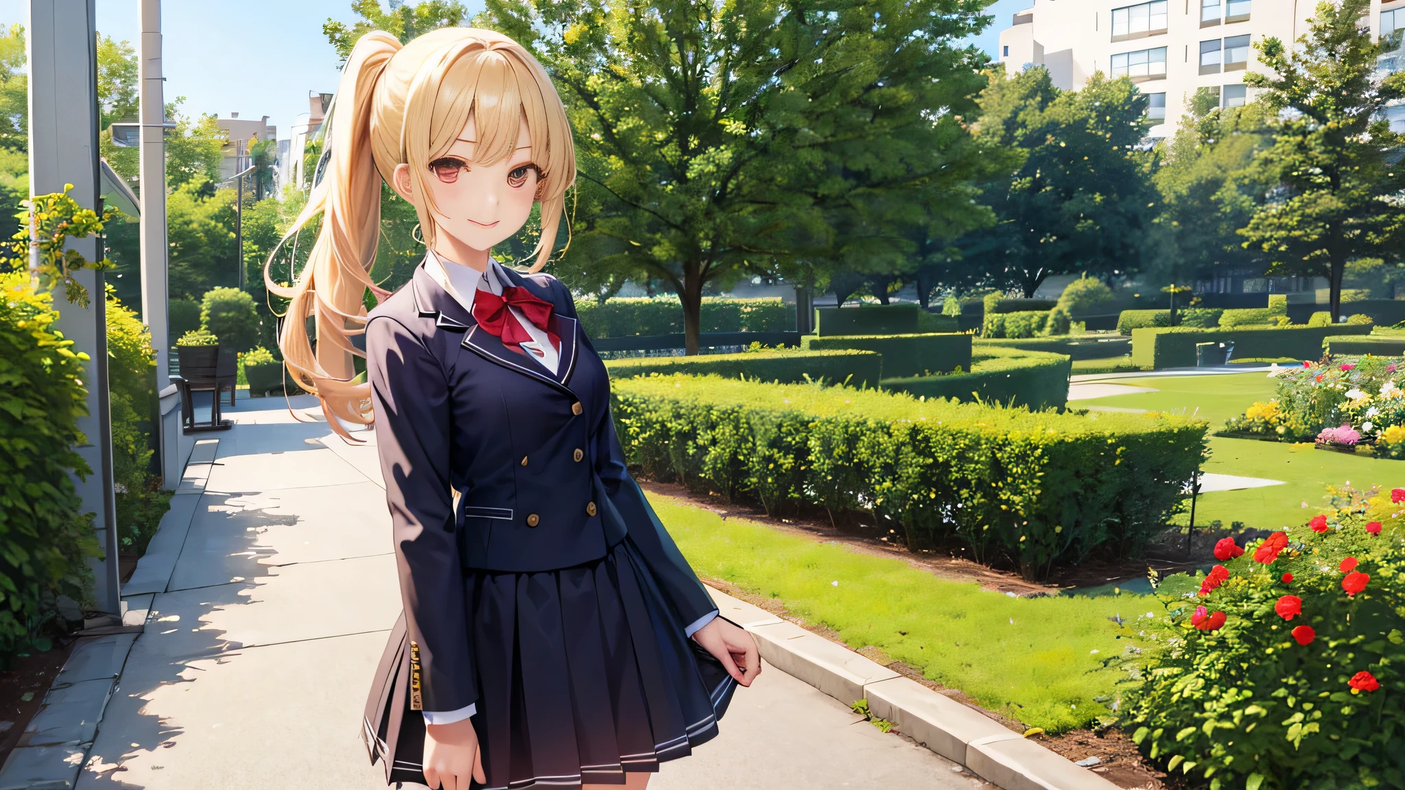 blonde　ponytail　red eyes　one girl　high school girl　uniform　 smile　outdoor　garden