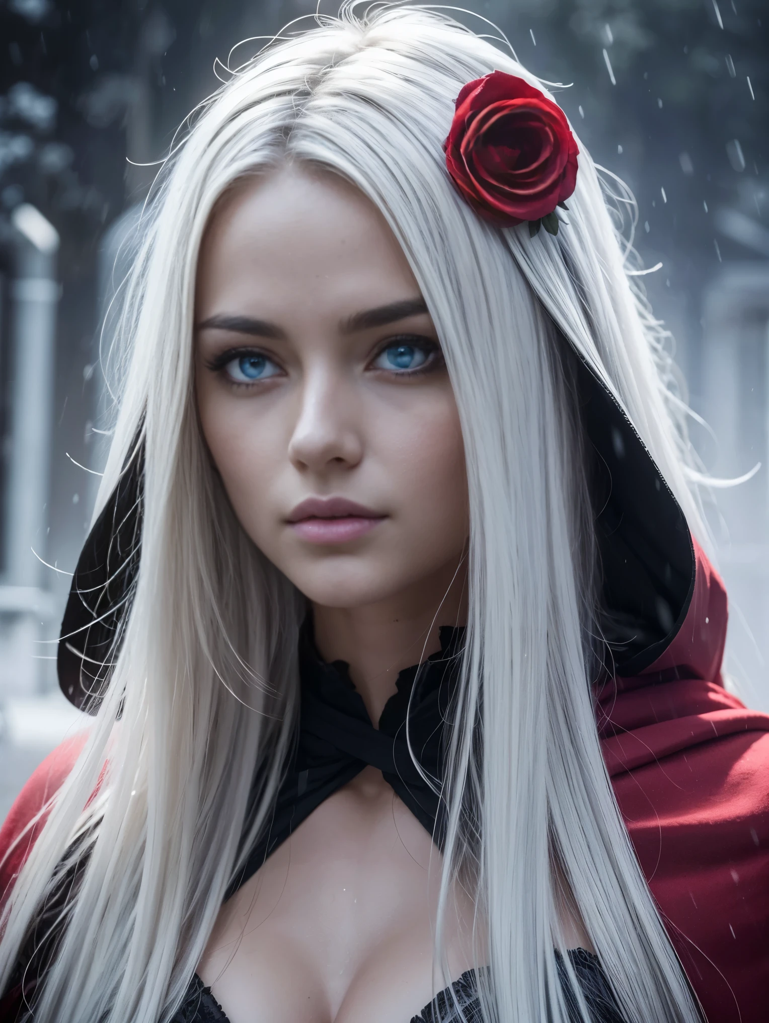 An ultra hot gorgeous European woman, age 23,solo,((beautiful detailed eyes)), (detailed light),depth of field,(white hair),silver eyes,hair over one eye,(red flower ), hair flower,long hair,black cloak,wet,emotionless,looking back,night,starfall,raining,fog,red flowers falling,sketch,upper body,intense shadows,