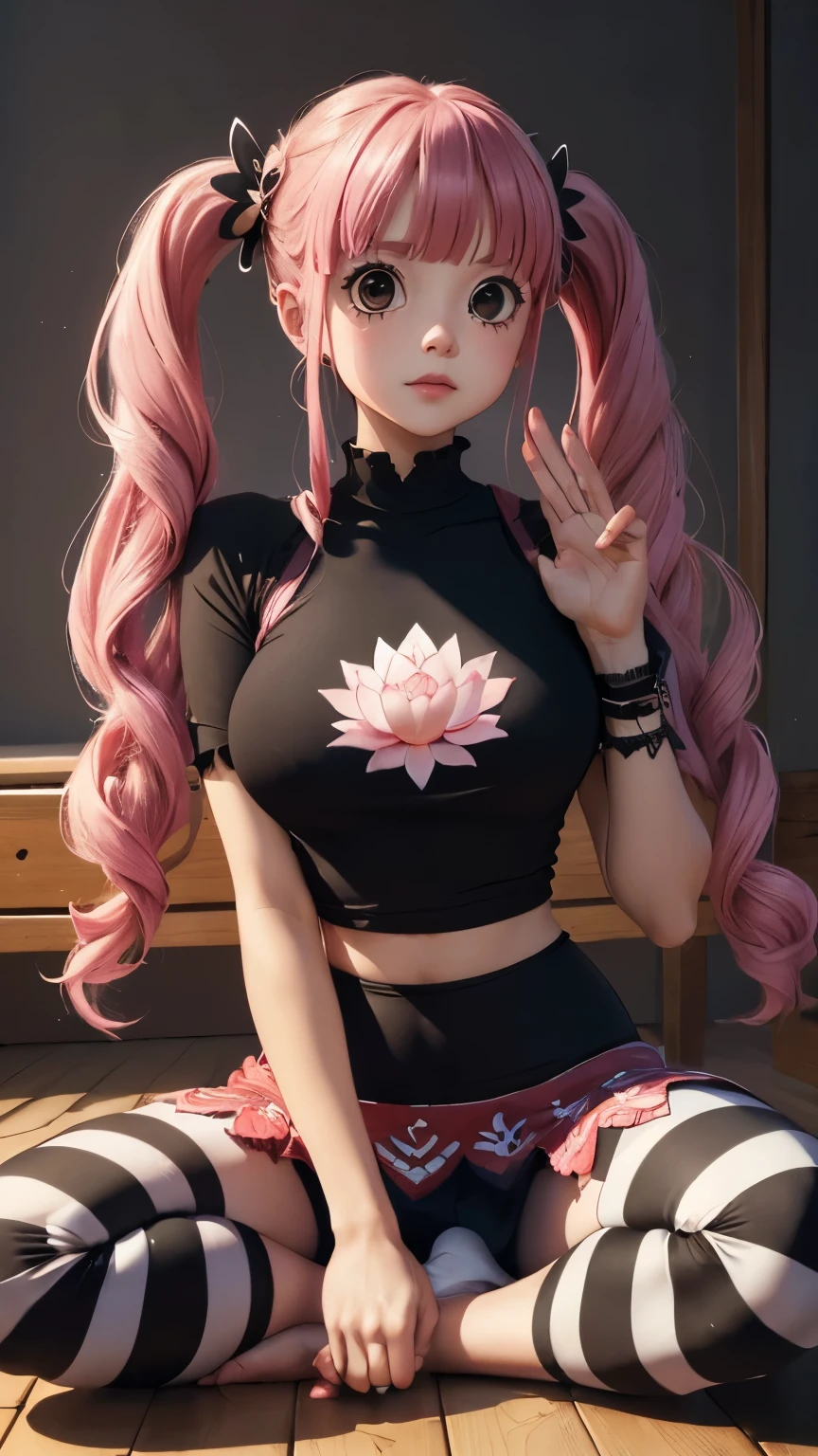 ((top-quality, 8K, masterpiece:1.3)), A detailed eye, (looking at from the front), ((Everything is sparkling、reflecting light:1.2)), (Best Ratio: 4 fingers, 1 thumb), Highly detailed facial and skin texture, ((perfectly proportions, Beautiful body, showing your whole body:1.5)), (blushing, red cheeks), parted lips , half body, (Perona One Piece), pink long hair, (((sitting, lotus position in yoga))),(cute face), ((goth outfit)), twintails, stripe legging, skirt, shy