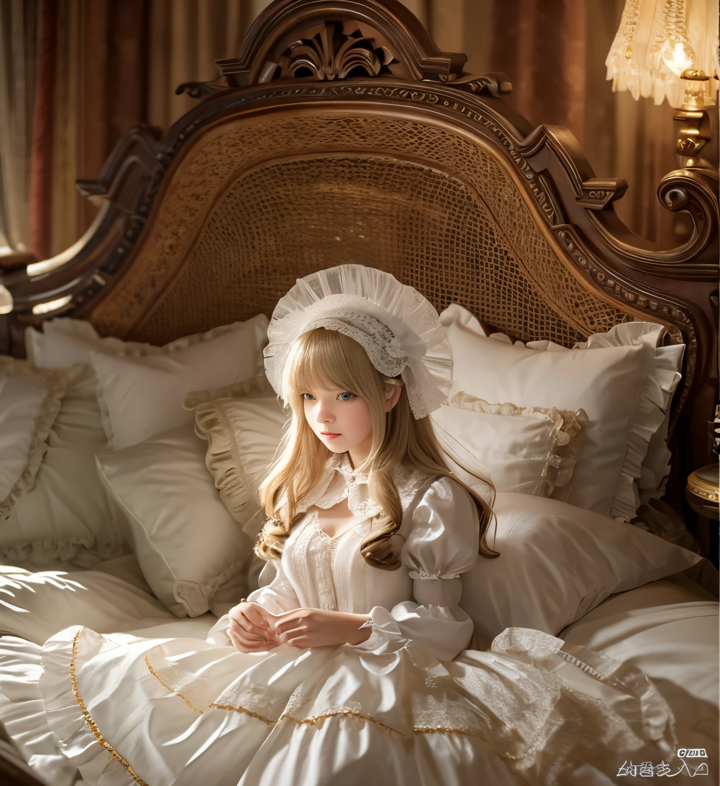 ,highest quality, masterpiece, highest resolution, artwork, super それにget used to it, many get used to it, get used to it, それにget used to it, 3K realistic photos,,((10 year old girl)),Super detailed young girl's face, Beautiful girl illustration,detailed beautiful face detailed hair,detailed human eye ,detailed mouth, arm details,detailed hands, european,(((Blonde with super long rolls))),blue eyes,pajamas,night wear,((((white nightgown)))),((フリルとリボンが沢山付いたwhite nightgown)),((1920 style nightgowns)),,((headdress with frills and ribbons)),victorian nightgowns,Yoke collar with ruffles and ribbons,Long sleeves with ruffles,Long skirt up to the ankle,((The whole body is reflected)),white ruffle and lace socks,Wearing slippers with frills and ribbons,Pillow with large frills and ribbons,detailed costume,Detailed pillow,sitting on the bed,on a luxurious canopy bed,four poster bed with canopy,Luxurious curtains on both sides and behind the bed,many frilly pillows on the bed,super detailed background,Detailed bed,romantic atmosphere,The lower half of the body is hidden under the futon,