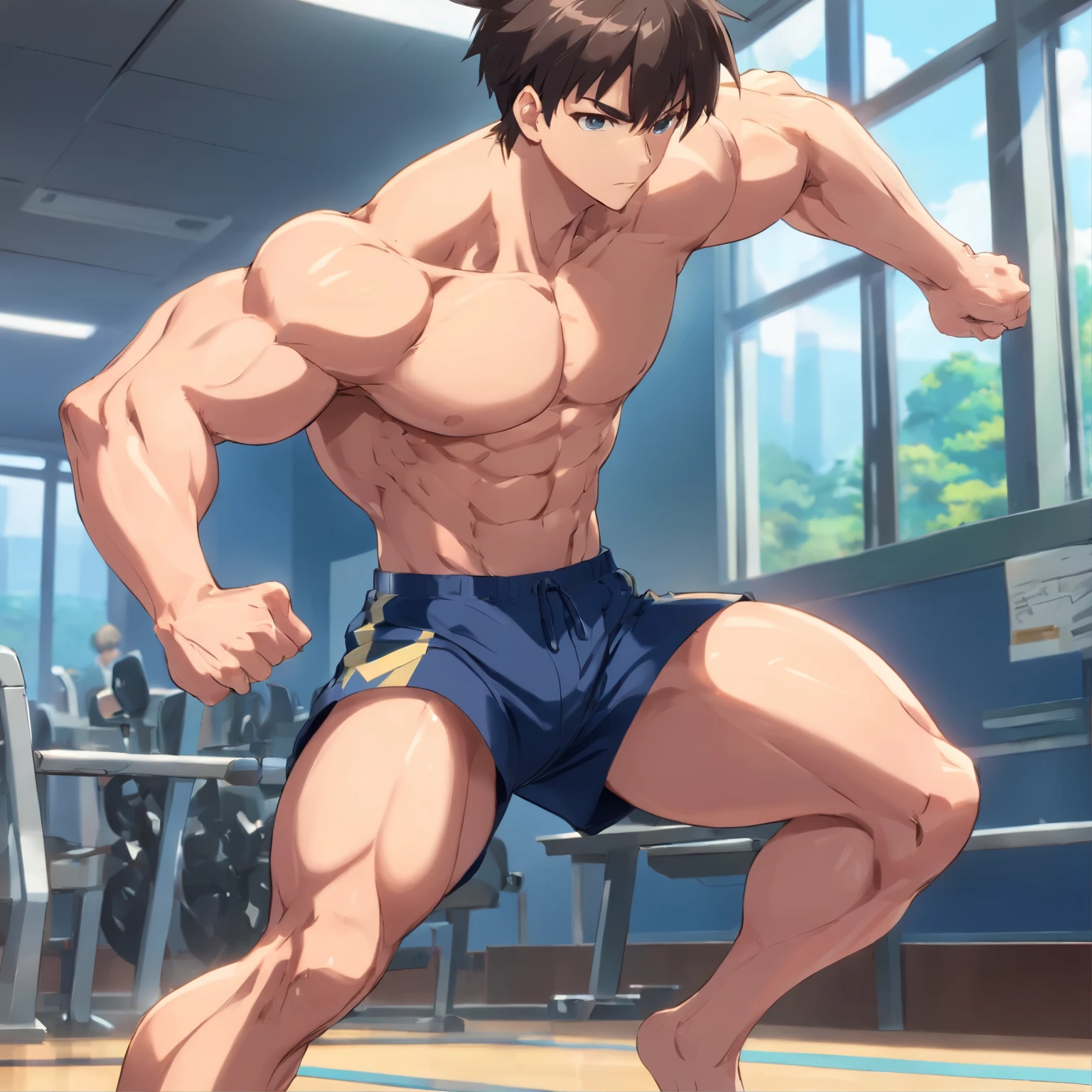 hyper muscles,muscular,young boy, short sleeve uniforms for boys,muscle swelling,,adorable,good looking,Show your strength in an empty classroom, Clearly defined、Fine muscles,sweat shorts,deltoids,biceps,chest muscles,abs,trapezius muscle,latissimus dorsi,Triceps,quadriceps,