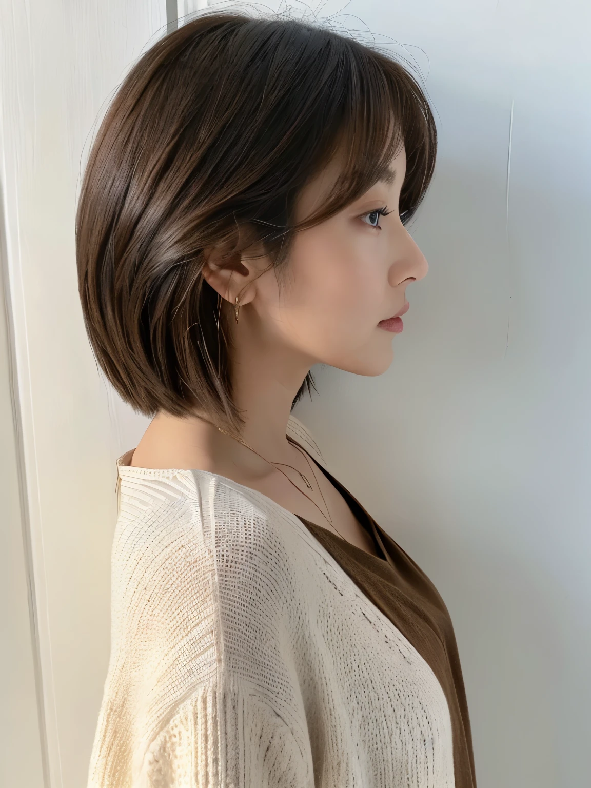 white wall、Taken in front of the white door、(窓のあるwhite wallの部屋)、(8K、Live shooting、highest quality、masterpiece:1.2)、High-definition RAW color photo、professional photos、(real、フォトreal:1.37)、Shot in natural light、1 girl、(various poses)、BREAK is (Ombre:1.3) 、winter clothes、 necklace、(Beautiful profile:1.3)、profile、shortcut、((brown hair)、short hair、Eye color is dark brown、(Beautiful profile:1.3)、correct hand of human body、looking down、Dark colored clothes、Wearing spring clothes、((correct human body profile))、(detailed eyes)