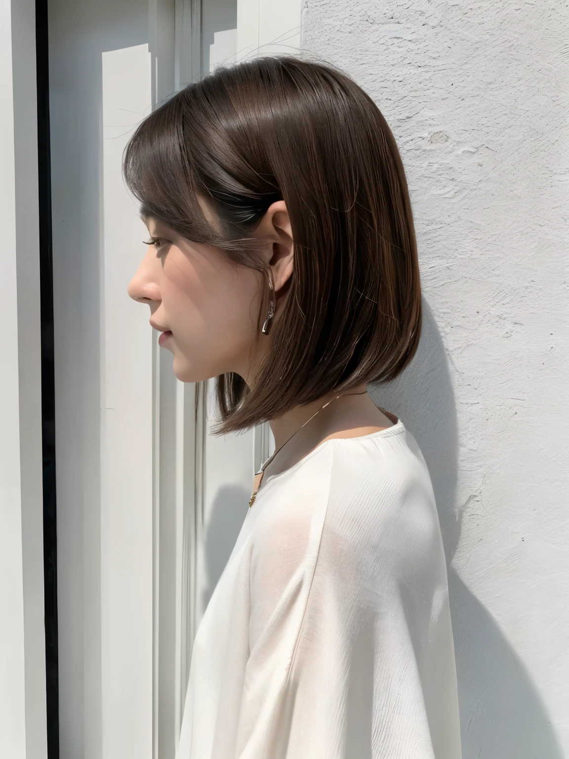 white wall、Taken in front of the white door、(窓のあるwhite wallの部屋)、(8K、Live shooting、highest quality、masterpiece:1.2)、High-definition RAW color photo、professional photos、(real、フォトreal:1.37)、Shot in natural light、1 girl、(various poses)、BREAK is (Ombre:1.3) 、winter clothes、 necklace、(Beautiful profile:1.3)、profile、shortcut、((brown hair)、short hair、Eye color is dark brown、(Beautiful profile:1.3)、correct hand of human body、looking down、Dark colored clothes、Wearing spring clothes、((correct human body profile))、(detailed eyes)