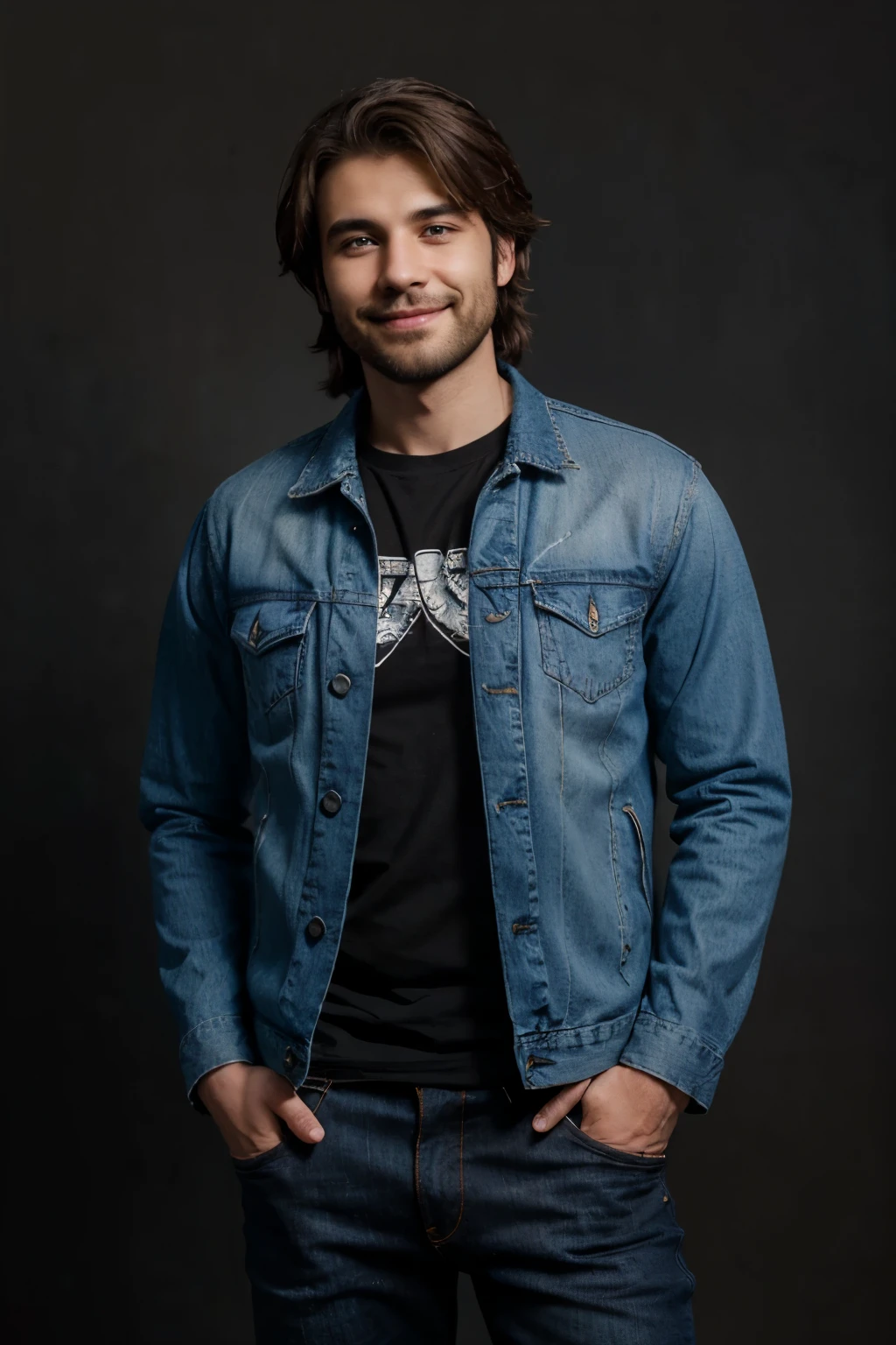 light beard boy with medium hair and blue jean jacket with black t-shit , plain background, little smile on face