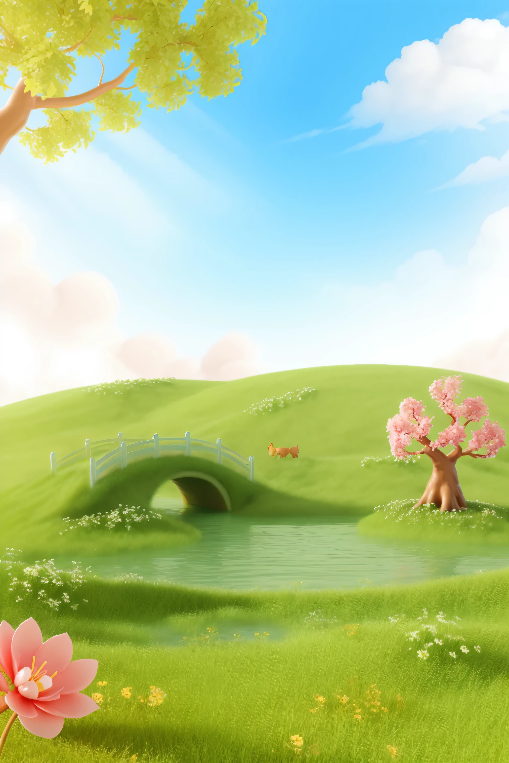 3ddianshang\(style\), flower, Grass地, Grass, Sky, cartoon tree, cloud, 3d rendering, 3Dstyle, spring, Lovely feeling