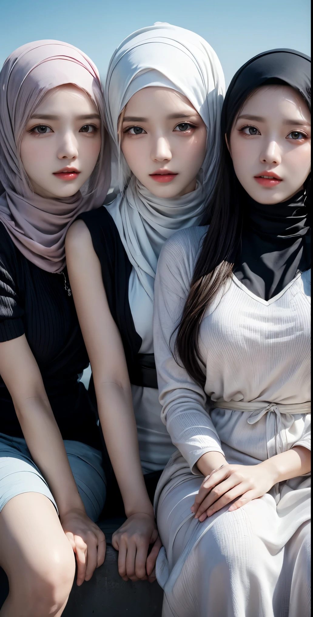 masutepiece, Best Quality, Illustration, Ultra-detailed, finely detail, hight resolution, 8K Wallpaper, Perfect dynamic composition, Multiple people, (3 girls taking photos), Beautiful detailed eyes, Natural Lip, Wear hijab moslem, fancy jubba thobbe, photo full body, view of the blue sky, ((close-up photo))