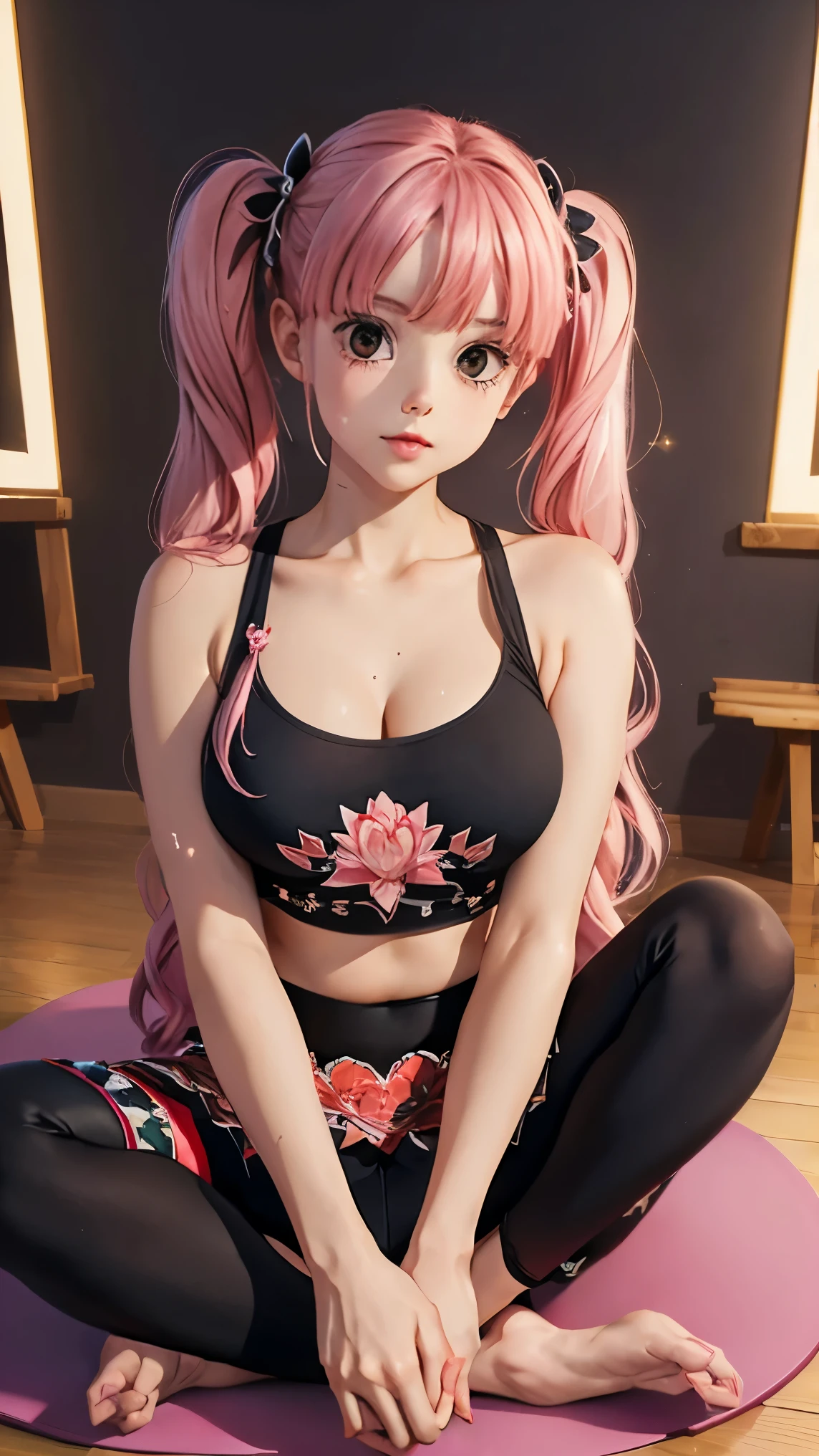((top-quality, 8K, masterpiece:1.3)), A detailed eye, (looking at from the front), ((Everything is sparkling、reflecting light:1.2)), (Best Ratio: 4 fingers, 1 thumb), Highly detailed facial and skin texture, ((perfectly proportions, Beautiful body, showing your whole body:1.5)), (blushing, red cheeks), parted lips , half body, (Perona One Piece), pink long hair, (((sitting, lotus position in yoga))),(cute face), ((goth outfit)), twintails, stripe legging, skirt, shy, red lips, suggestive higher angle shots, (looking at viewer)