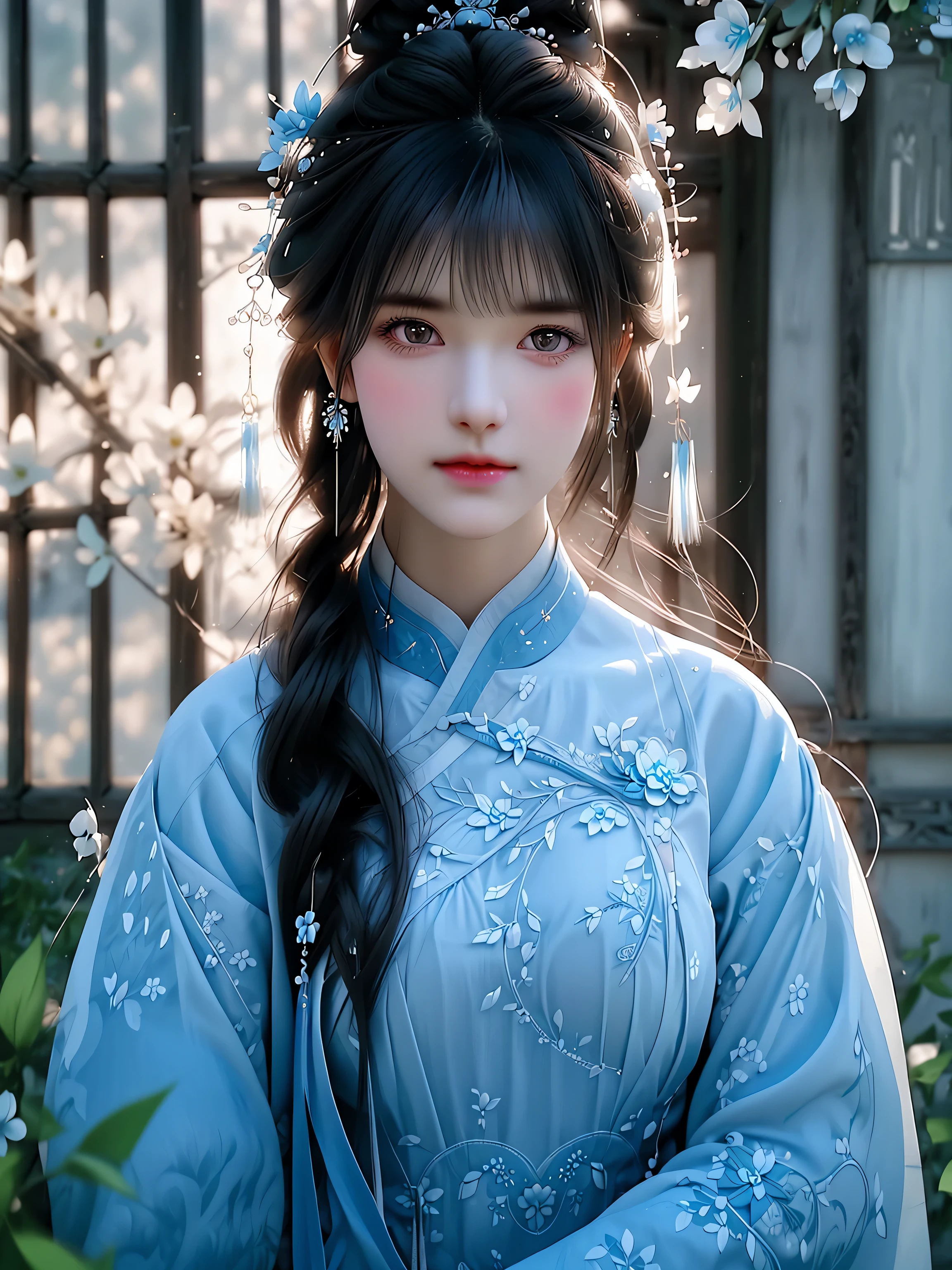 A Chinese style animated female character, Intricate classical beauty, Wear striking traditional clothing, The main colors are light blue and white, Her hair was tied into an intricate bun, Decorated with blue and white and fringed accessories, long, Thin eyebrows perfectly set off her large brows, glowing eyes, Light makeup further enhanced her features, She holds an unfolded fan in her hand, Full of delicate floral patterns，Match her outfit, The background of flowers with simple shapes is painted light blue，Brings serenity and elegance to the composition, The charm of the overall style stems from its gentleness and sophistication, smooth lines, Soothing colors create a dreamy aesthetic, (best quality,4K,8k,high resolution, masterpiece:1.2),Super detailed,(actual,photoactual,photo-actual:1.37),studio lighting, Ultra-fine painting