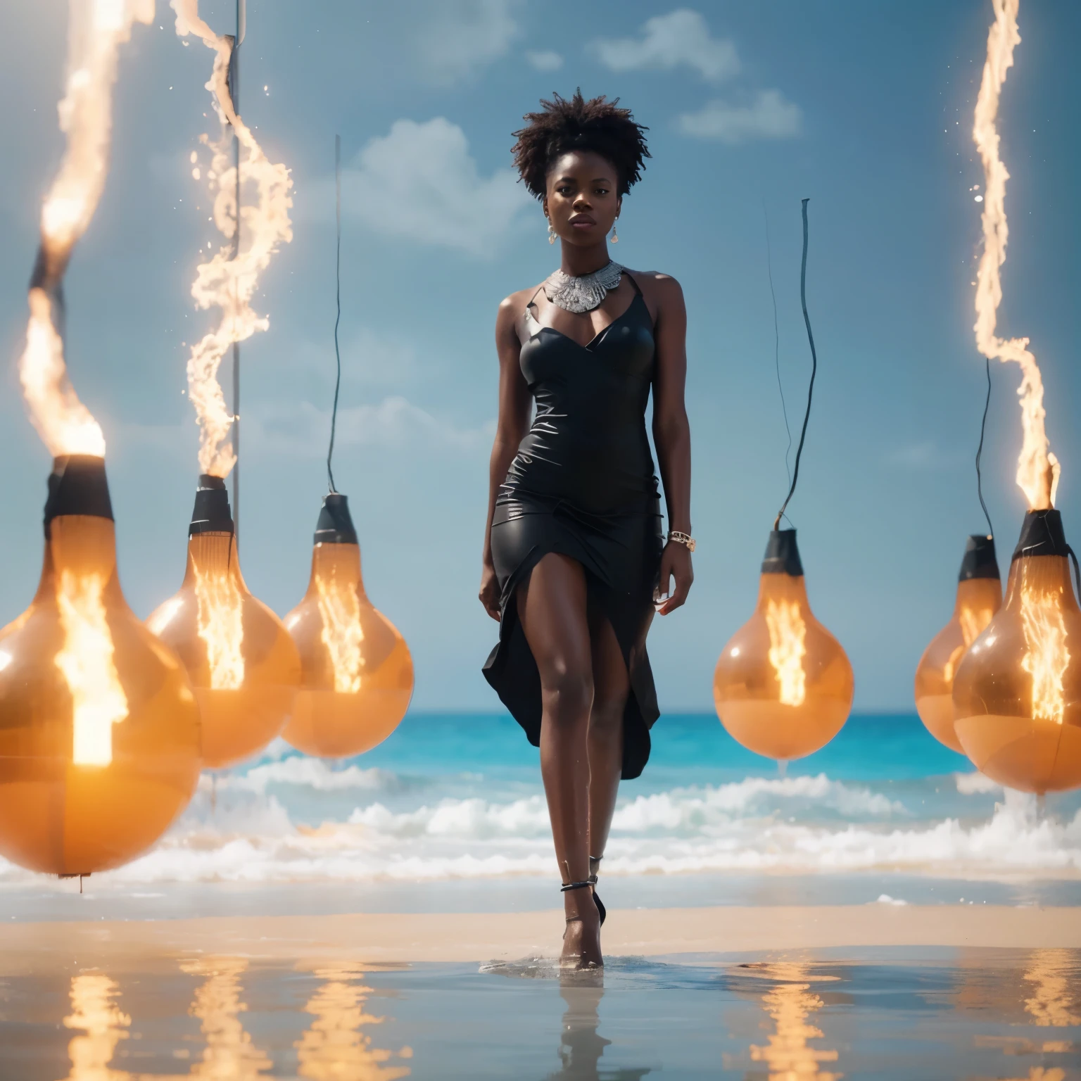 Black melanin woman wearing a black African designed dress, standing in an empty space surrounded by water, dark scene with a white neon shining ball in the background lighting the scene, creating a grey and white colour grading, cinematic scene, artgerm style, 32k, ultra HD, unreal engine rendered, hyper-realistic image