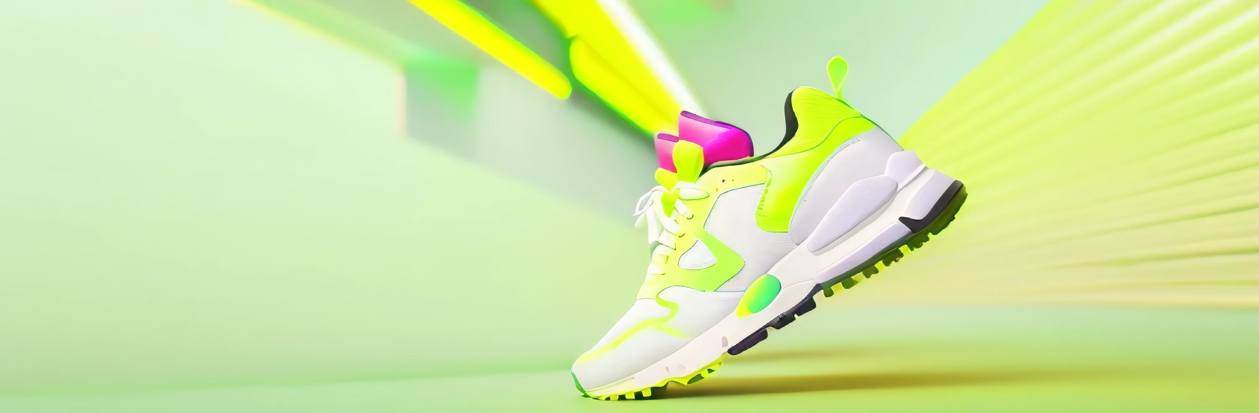 Running on a green surface with yellow dots, acid-green sneakers, running shoes, futuristic sneakers, inflatable future shoes,Focus only on sneakers, lemon green, exceed, white neon, highly rendered!!, white neon wash, 5k, 5k, sneaker design, verde claro, emphasize