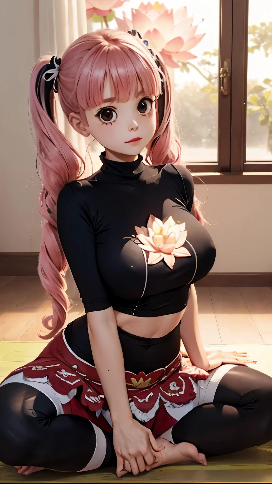 ((top-quality, 8K, masterpiece:1.3)), A detailed eye, (looking at from the front), ((Everything is sparkling、reflecting light:1.2)), (Best Ratio: 4 fingers, 1 thumb), Highly detailed facial and skin texture, ((perfectly proportions, Beautiful body, showing your whole body:1.5)), (blushing, red cheeks), parted lips , half body, (Perona One Piece), pink long hair, (((sitting, lotus position in yoga))),(cute face), ((goth outfit)), twintails, stripe legging, skirt,( shy face), red lips, suggestive higher angle shots, (looking at viewer)