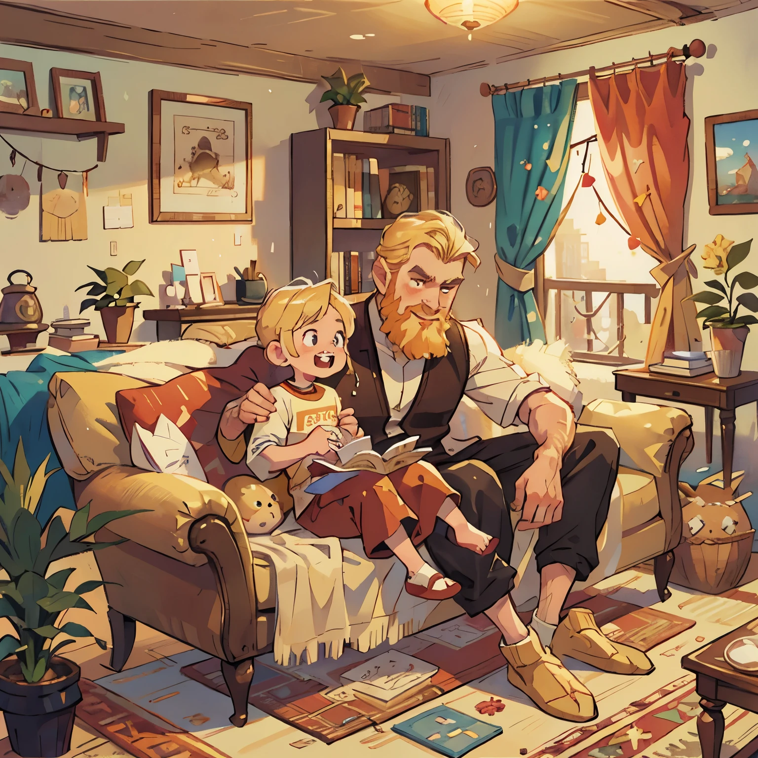 Warm home, ((two people)), clear facial features, a bearded father holding a little boy sitting on the sofa, living room, balcony, carpet, ((blond hair)), watercolor, medieval style, joy , laugh, sofa, carpet, interior