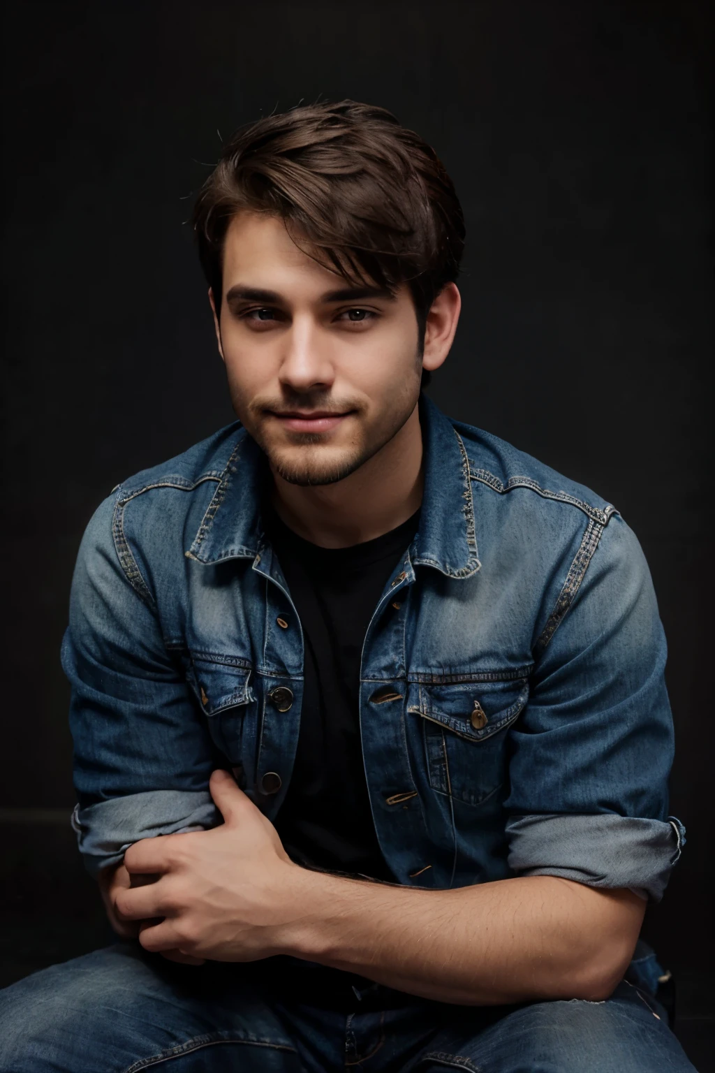 short beard boy with medium hair and blue jean jacket with black t-shit , plain background, little smile on