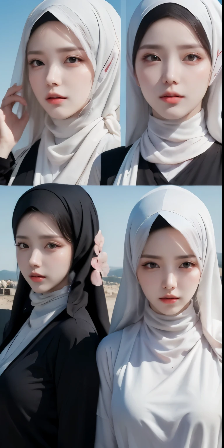 masutepiece, Best Quality, Illustration, Ultra-detailed, finely detail, hight resolution, 8K Wallpaper, Perfect dynamic composition, Multiple people, (3 girls taking photos), Beautiful detailed eyes, Natural Lip, Wear hijab moslem, fancy jubba thobbe, photo full body, view of the blue sky, ((close-up photo))