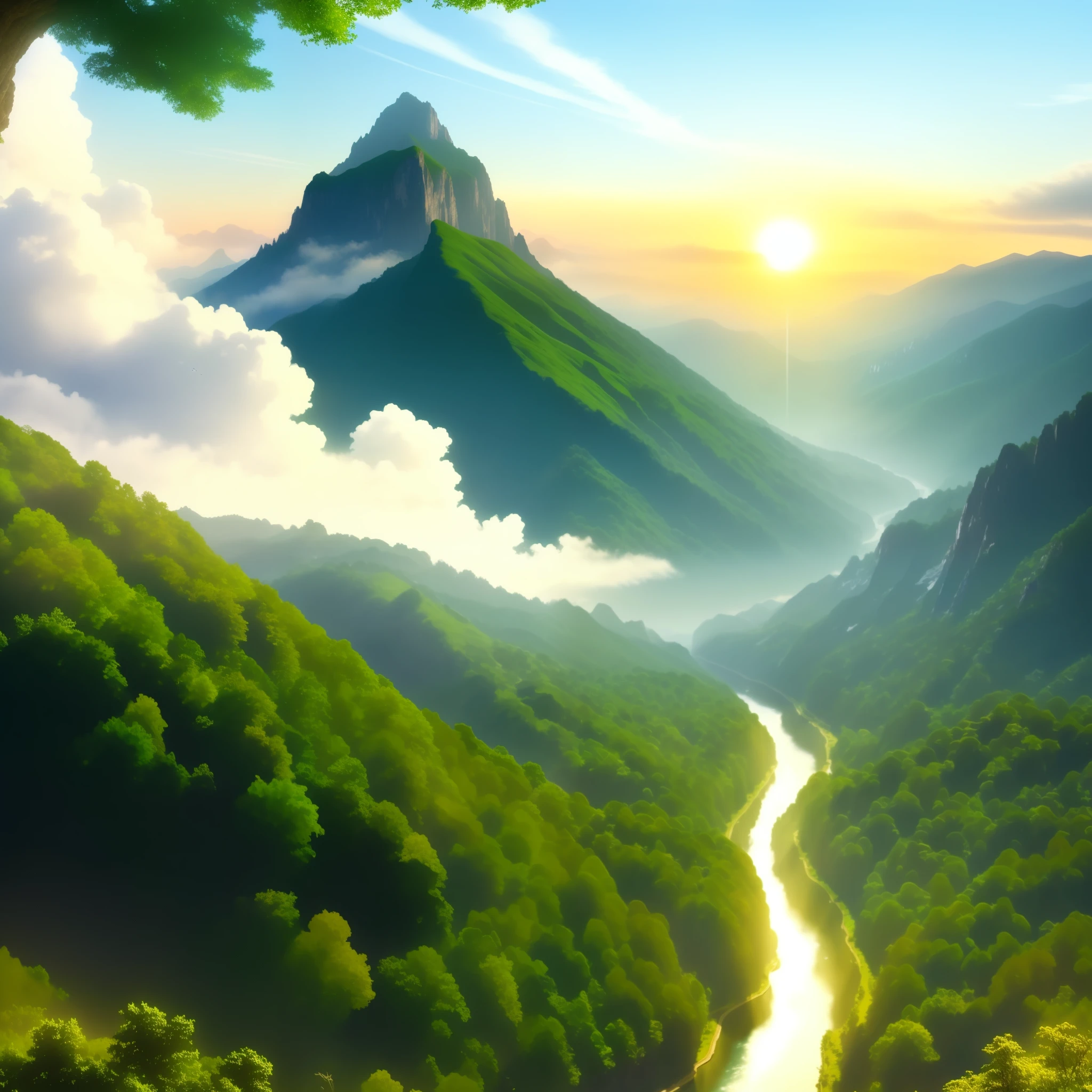 View of a mountain and a river flowing through the mountain, stunning natural background, Made of trees and fantasy valley, majestic natural scenery, beautiful mountain background, epic beautiful landscape, Valle exuberante, nature wallpaper, The most beautiful scenery, very very very beautiful scenery, landscape wallpaper, very very beautiful scenery, amazing wallpapers, very beautiful scenery, Fine drawing