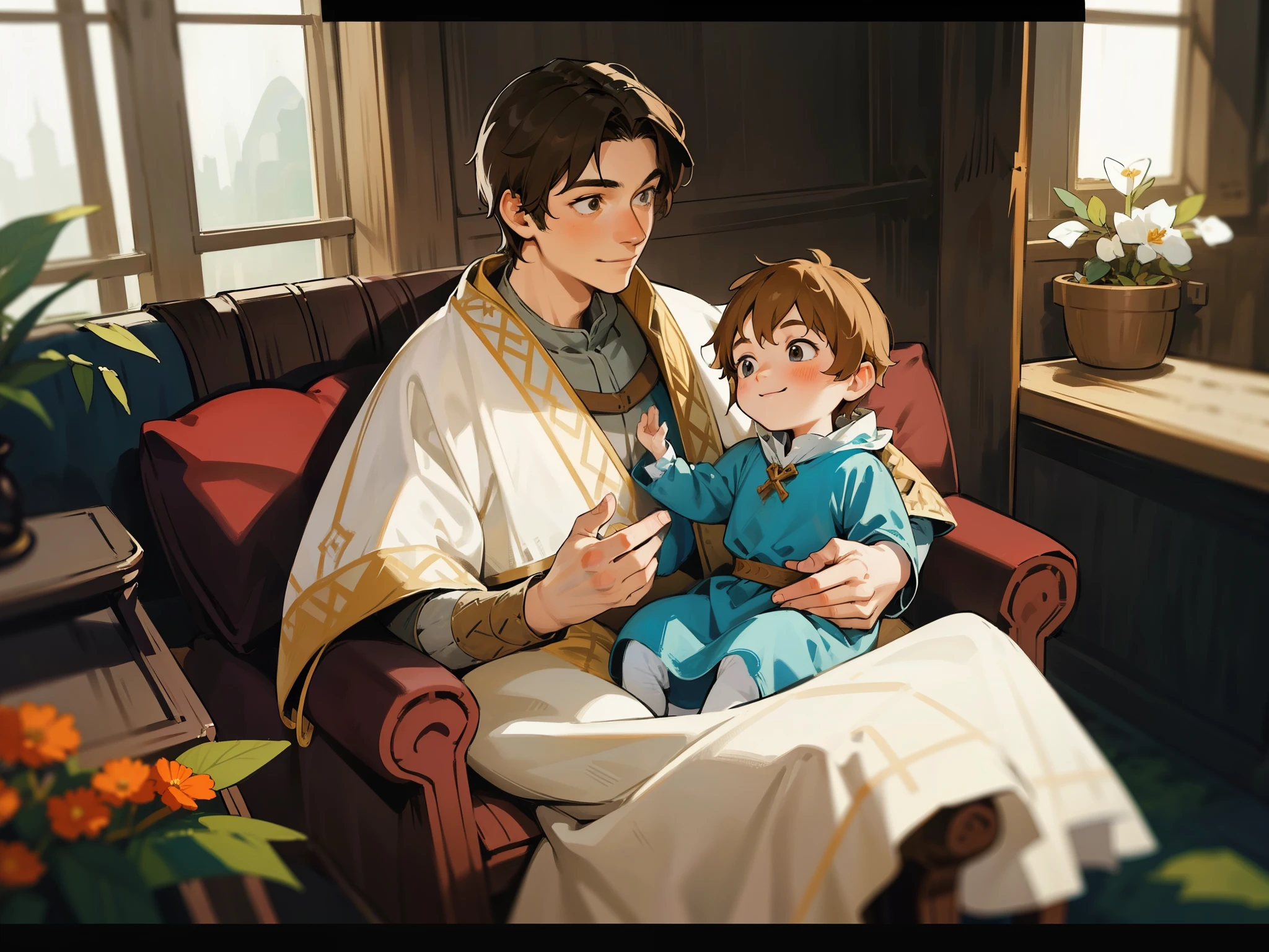 (Middle Ages), ancient times,closeup, Continuous shots, cinematic immersion, A man sat on the sofa, holding a 5-year-old boy in his arms,Standing next to him is a 26 year old mother, happy, smiling, in the living room, Medieval Clothing，Children's picture book, kid story, high salvation color,High definition, high quality, ultra clear details