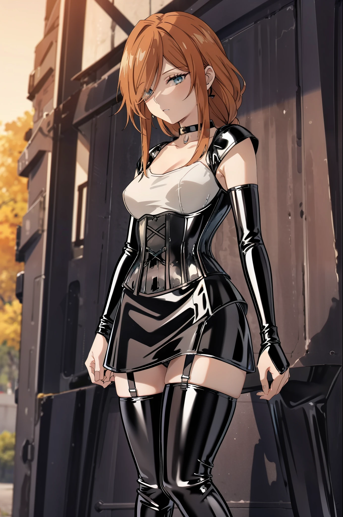 1 girl,bangs,alone,Sheet blades,brown hair,orange hair,very long hair,side lock,red earrings,hair above one eye,green eyes,blue eyes,clavicle,Golden choker,medium breasts,put your hands on your hips,
Black Gladiator Sandals,outdoor,nature,, exquisite visuals, High resolution,masterpiece,highest quality,exquisite visuals,High resolution,masterpiece,highest quality,18-year-old,young woman,beautiful fingers,beautiful long legs,beautiful body,beautiful character design,BDSM、(((black latex corset dress:1.4)))、(((The corset is decorated with beautiful embroidery.)))、(((corset dress with shoulder straps)))、(((black latex tight miniskirt:1.4)))、first round、(((Black Thigh Boots)))、high heel boots、(((Black latex bra)))、(((Black latex panties)))、first round、Black Thigh Boots、high heel boots、1 girl、Expressionless
