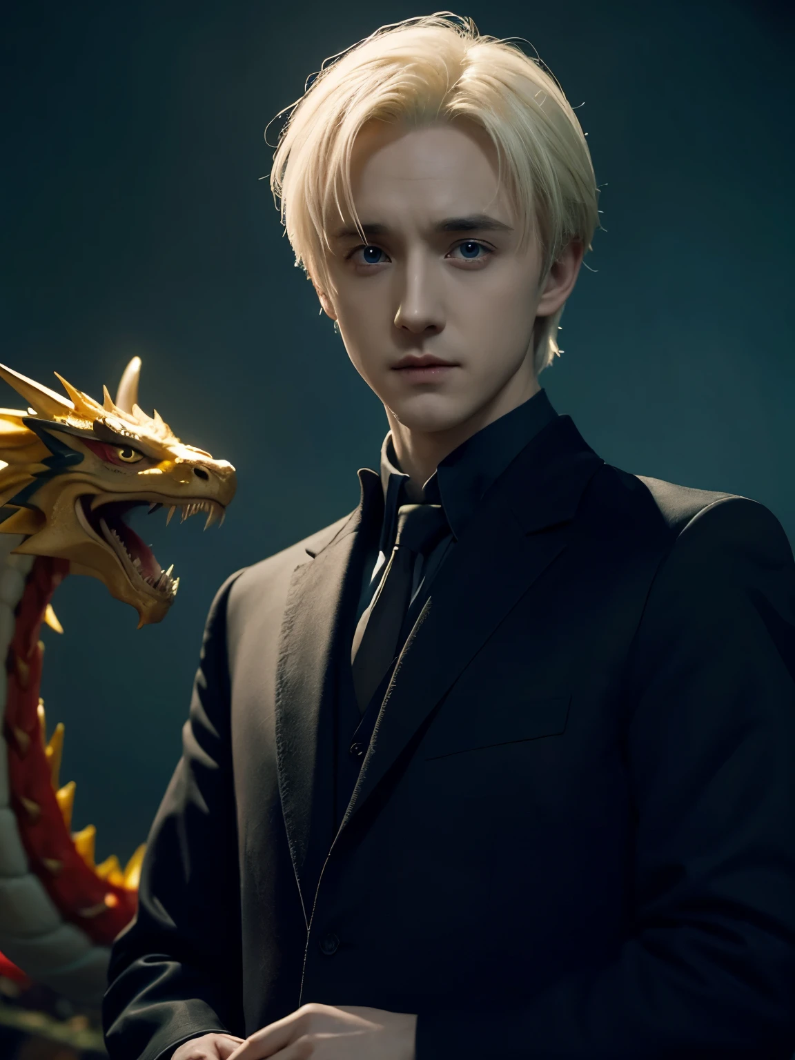 Draco Malfoy played by Tom Felton,The background is a Chinese dragon,grace,Exquisite,meticulous portrait