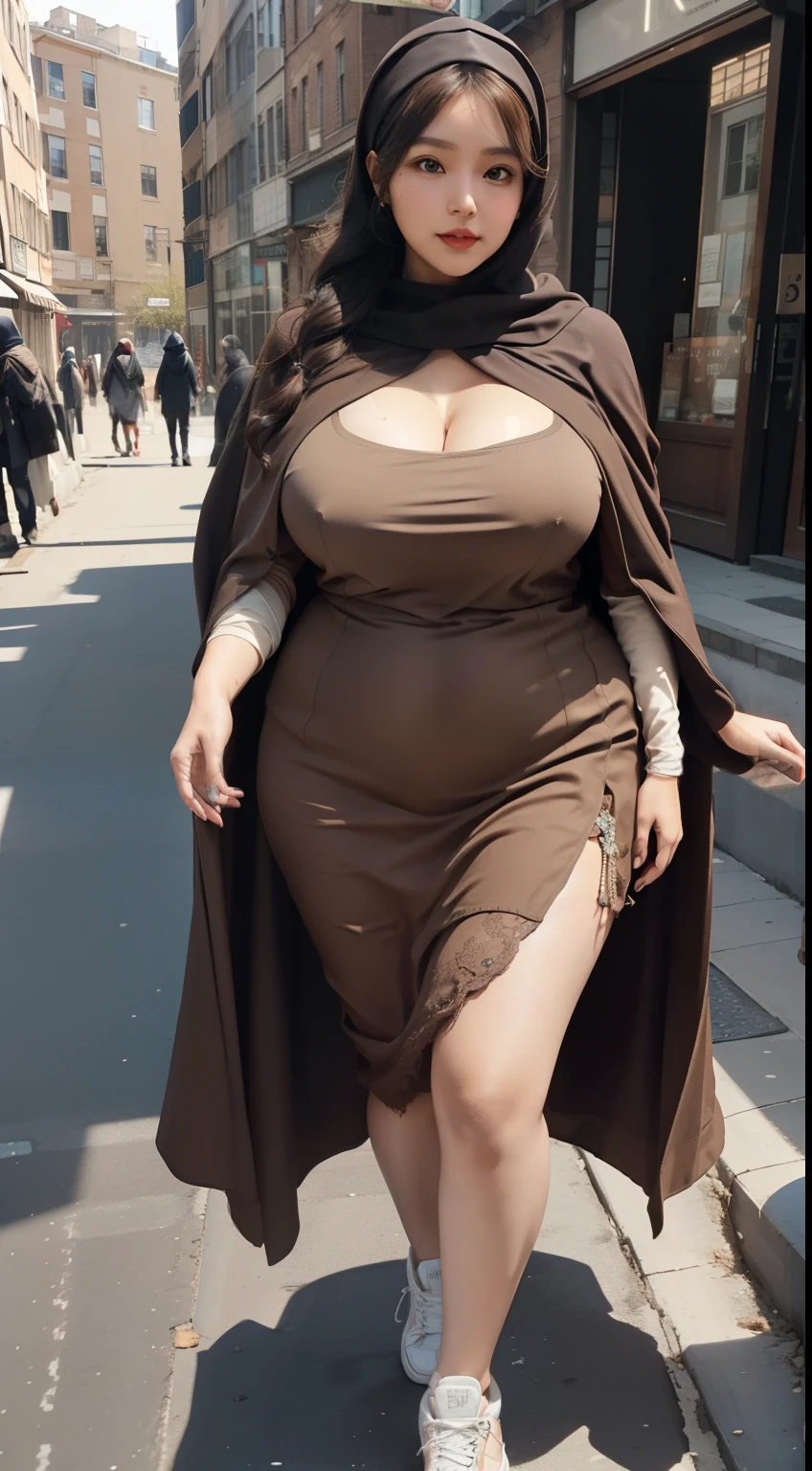 woman in brown dress and hijab walking down the street, wearing brown clothes and cape, hijab outfit, with a long brown cape, hijab fashion model, plus size, plus size woman, wearing brown robe, woman in brown robes, beautiful burqa's woman, thicc, brown outfit,, wearing a brown robe, brown , with cape, bbwchan, large cleavage, very large cleavage, massive cleavage , wearing a sneakers, 35 years old woman, asian women
