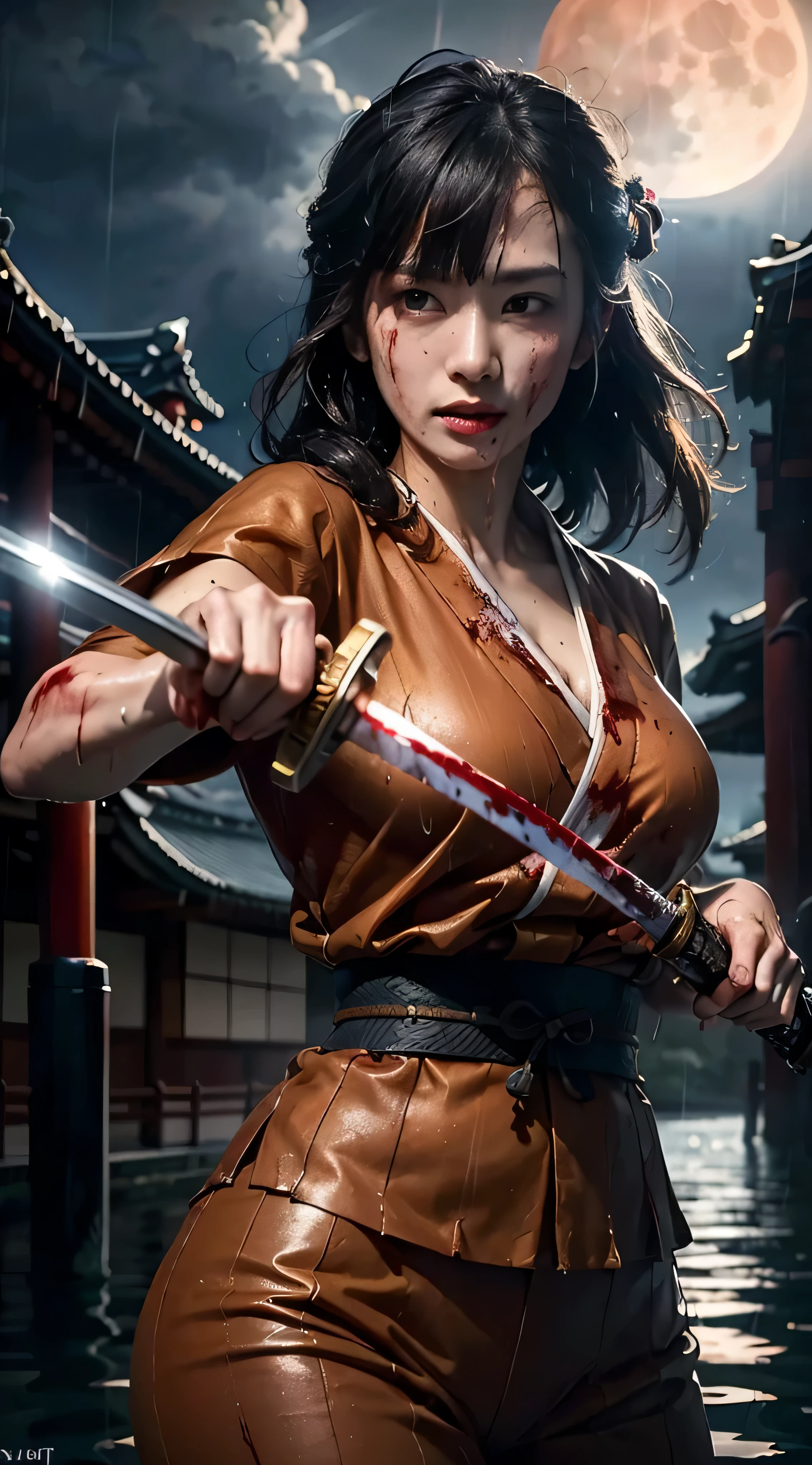 [object object], (Detailed facial features:1.3),1 woman,delicate face,bright eyes,beautiful face,((japanese princess)),in a palace,Japanese architecture,ravaged by war,((fighting stance:1.2)),((blunt bangs)),outdoor,((wet clothes)),wet skin,((stormy rain:1.3)),cloudy sky,upper body portrait,japanese national clothing,red sky,((full moon:1.2)),at night,fierce wind,Dynamic Shot,black hair,long hair,Red and gold clothes ,phoenix pattern clothing,
(RAW photos, 16,000, masterpiece, best quality: 1.2), (surrealism, Highly detailed and complex realism: 1.3), (Wide depth of field, radial mapping, ray tracing, ray of god: 1.2), high dynamic range, vivid, Rich details, Sharp shadows and highlights, realistic, extreme, Improved contrast,(((Samurai holding a sword:1.1))),((My face was bleeding..:1.3)),((damaged clothing:1.3)),hdr,natural light,Chignon,Strong gaze