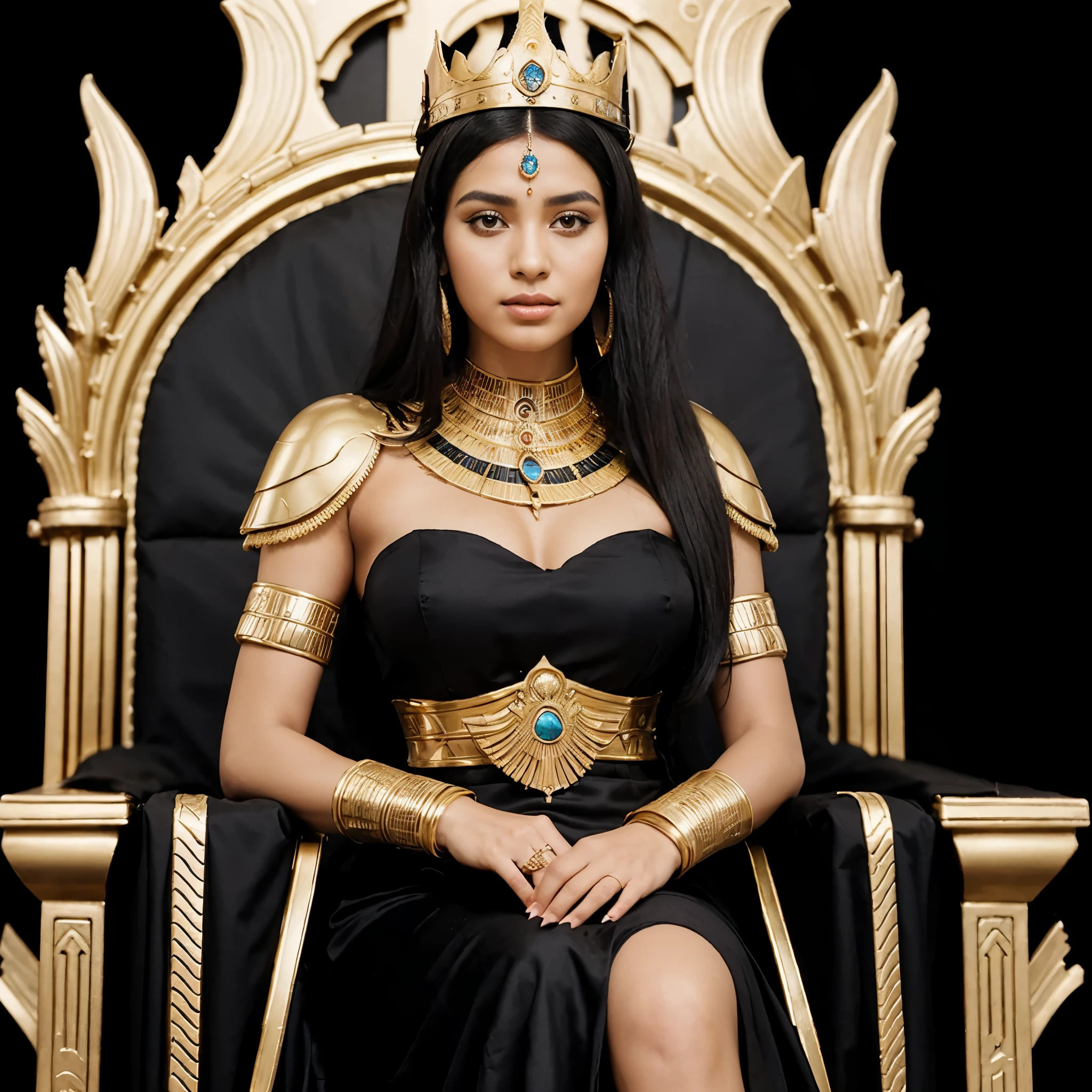 a woman dressed as an egyptian queen sitting on a throne, trending on cg society, hurufiyya, very sexy woman with black hair, fame of thrones, black iron tiara, biopic