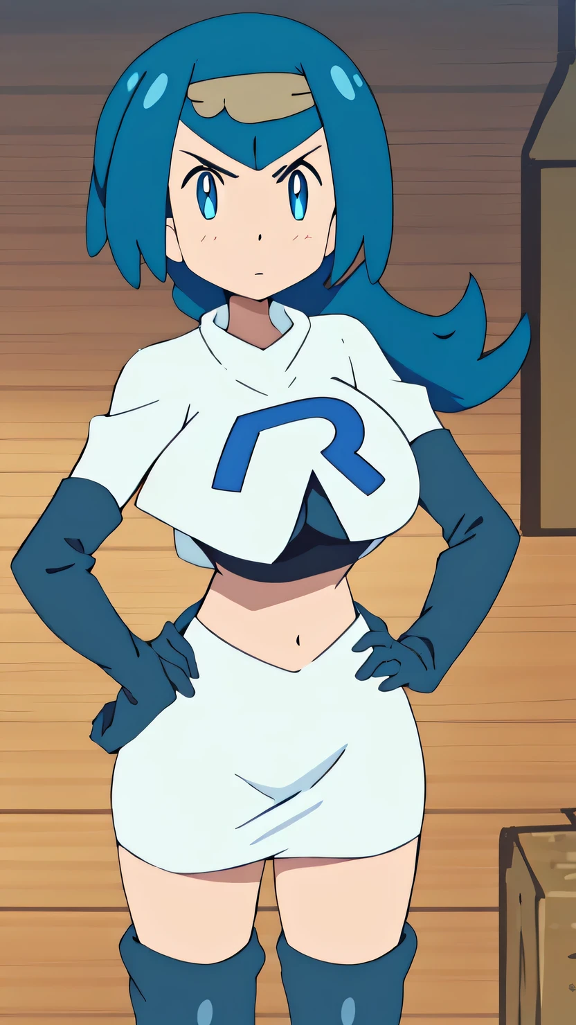 1girl in, (Solo:1.2), (Perfect body:1.1), (Best Quality:1.1), , very large breast, hands on hip,team rocket uniform, red letter r, white skirt,white crop top,black thigh-high boots, black elbow gloves, glaring angrily, looking at viewer, hands on hips,zettai ryouiki,
