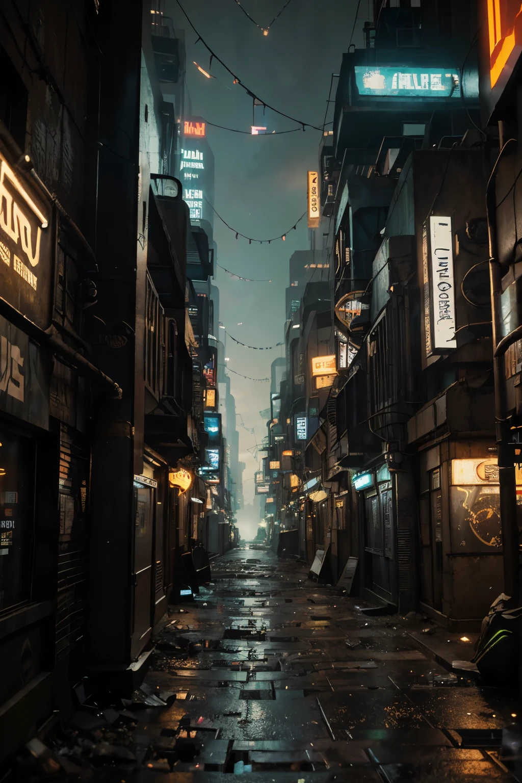 an aged, narrow alleyway in a futuristic city, at night, framed by towering skyscrapers adorned with holographic advertisements; the alleyway is dimly lit, with rusted pipes and cracked pavement, contrasting the high-tech surroundings (Beeple-inspired:1.2) (grunge:1.1) (retro-futurism:1.1) (contrasts:1.2) (gritty ambiance) (vintage tones) (urban decay) (digital graffiti) (cyber-relics)
