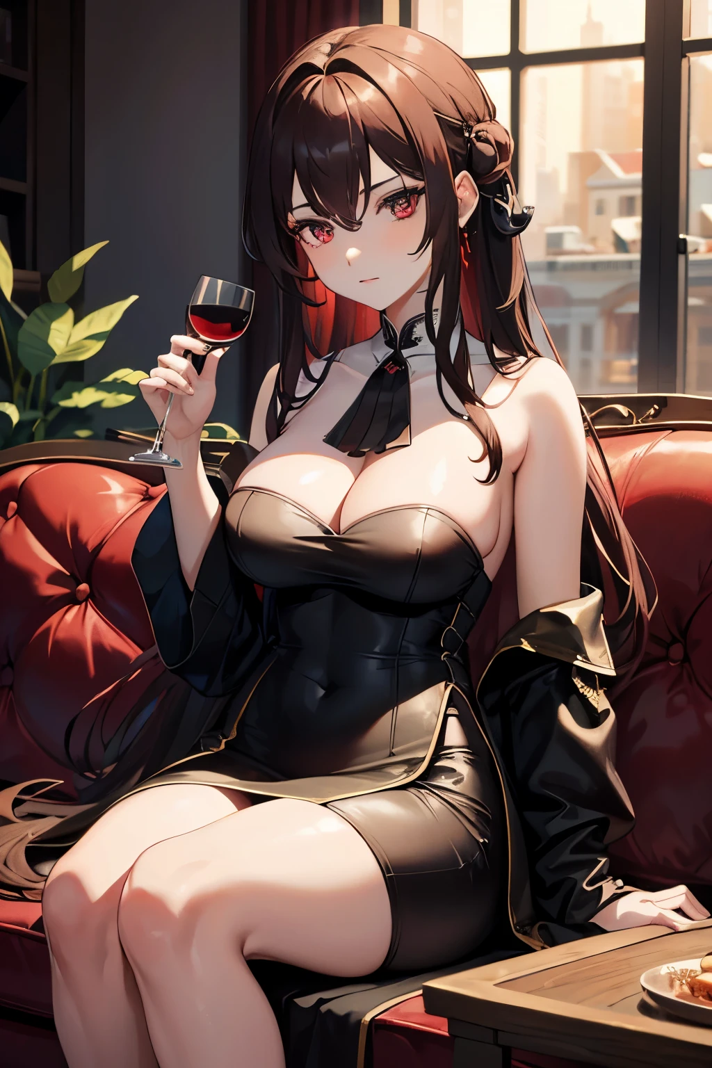 (whole body:1.3),Mature lady,Vampire Queen,best quality, 4k wallpaper, masterpiece, Extremely detailed CG unified 8k wallpaper, extremely detailed eyes, red eyes,super detailed, intricate details, 1 girl,brown hair,sitting position,Wear a white bath towel,Holding a wine glass,Wine spilled,sitting position,Detail optimization,clear lines,modern urban,Sit on a leather sofa