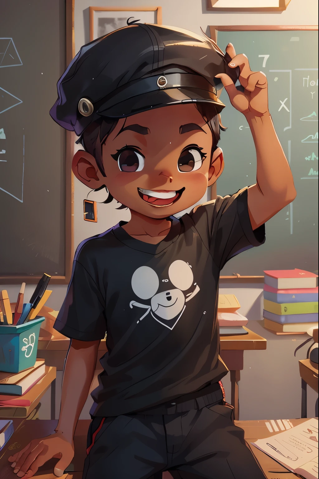 Generate a captivating illustration prompt featuring a passionate boy deeply engrossed in coding, seated on a table. Envision a cartoon boy wearing a black hat and black shirt, positioned in front of a blackboard adorned with children's art found on platforms like ArtStation. Infuse the scene with the stylistic influences of Ross Tran, Cyril Rolando, Goro Fujita, Sachin Teng, Rob Rey, Kentaro Miura, and Loish.
Capture the essence of Ross Tran's dynamic and energetic style, Cyril Rolando's emotional depth, and Goro Fujita's magical touch. Blend these influences seamlessly with the playful and imaginative style of Sachin Teng, the character-driven appeal of Rob Rey, and the detailed and atmospheric style of Kentaro Miura. Incorporate the charm of Loish's character illustrations for a well-rounded and visually captivating result.
Create an engaging composition with the boy at the center, surrounded by coding elements and art on the blackboard, capturing the spirit of learning and creativity. Ensure the illustration maintains an official character illustration quality, combining the diverse influences into a cohesive and visually striking piece.