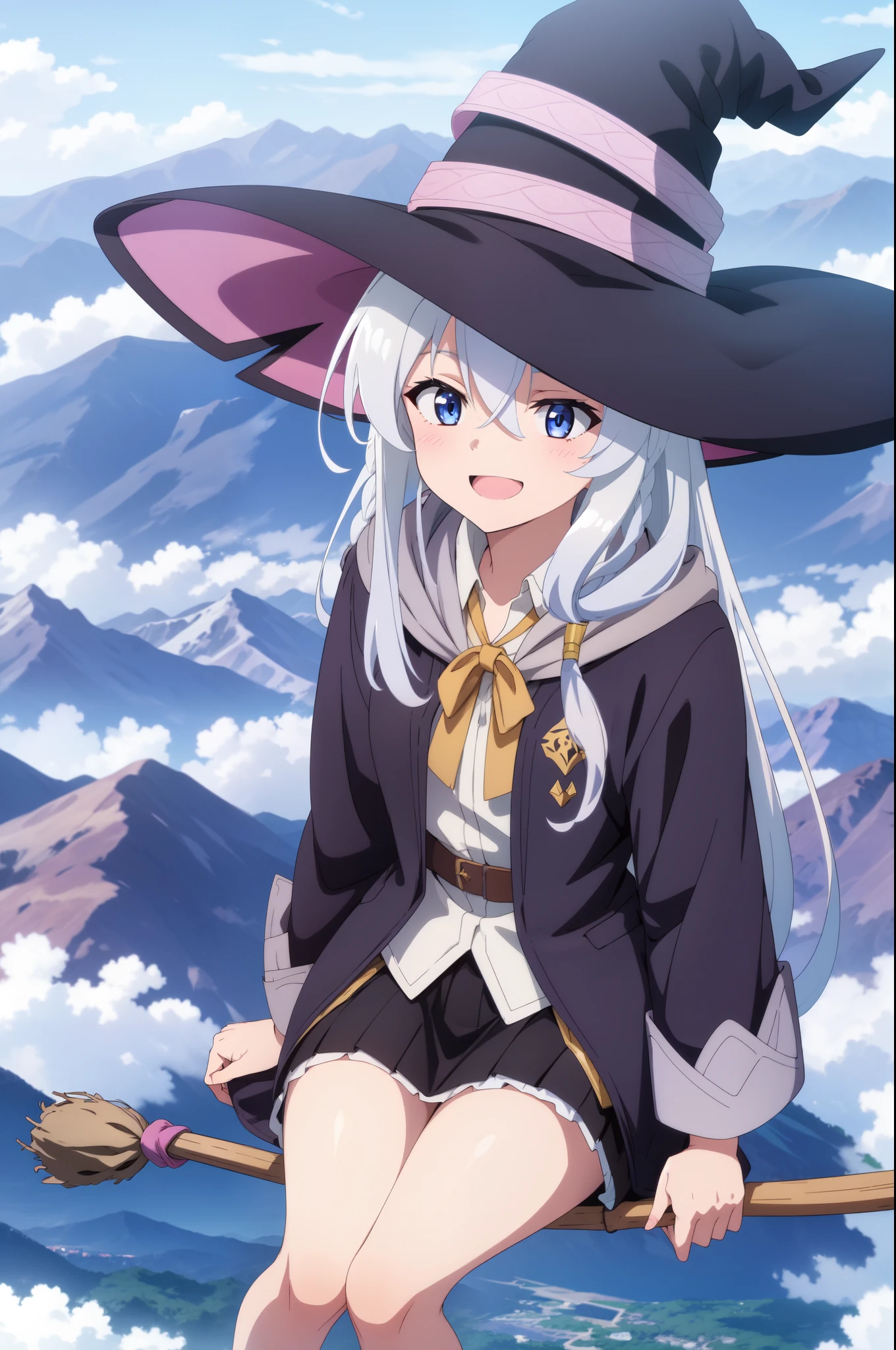 multiple girls, Elaina sits on a broom, floating, (aerial view:1.3), (fly at high speed:1.3), above cloud, sky, obstacle course, absurdres, highres, beautiful, best quality, long hair, blue eyes, white hair, witch hat, hair bow, braid, black robe, black skirt, shiny eyes