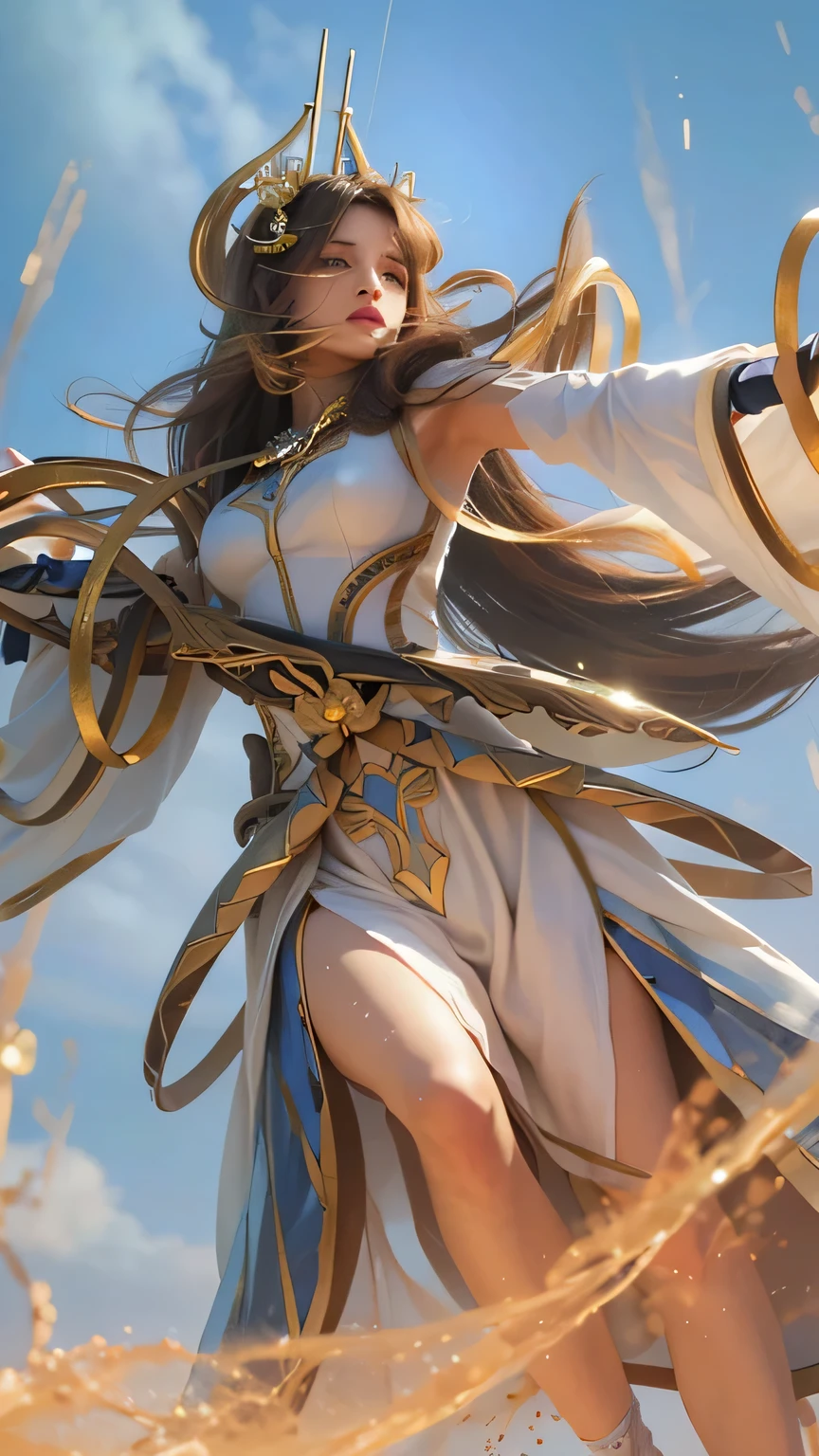 A woman in a white dress and gold crown holding a sword - SeaArt AI