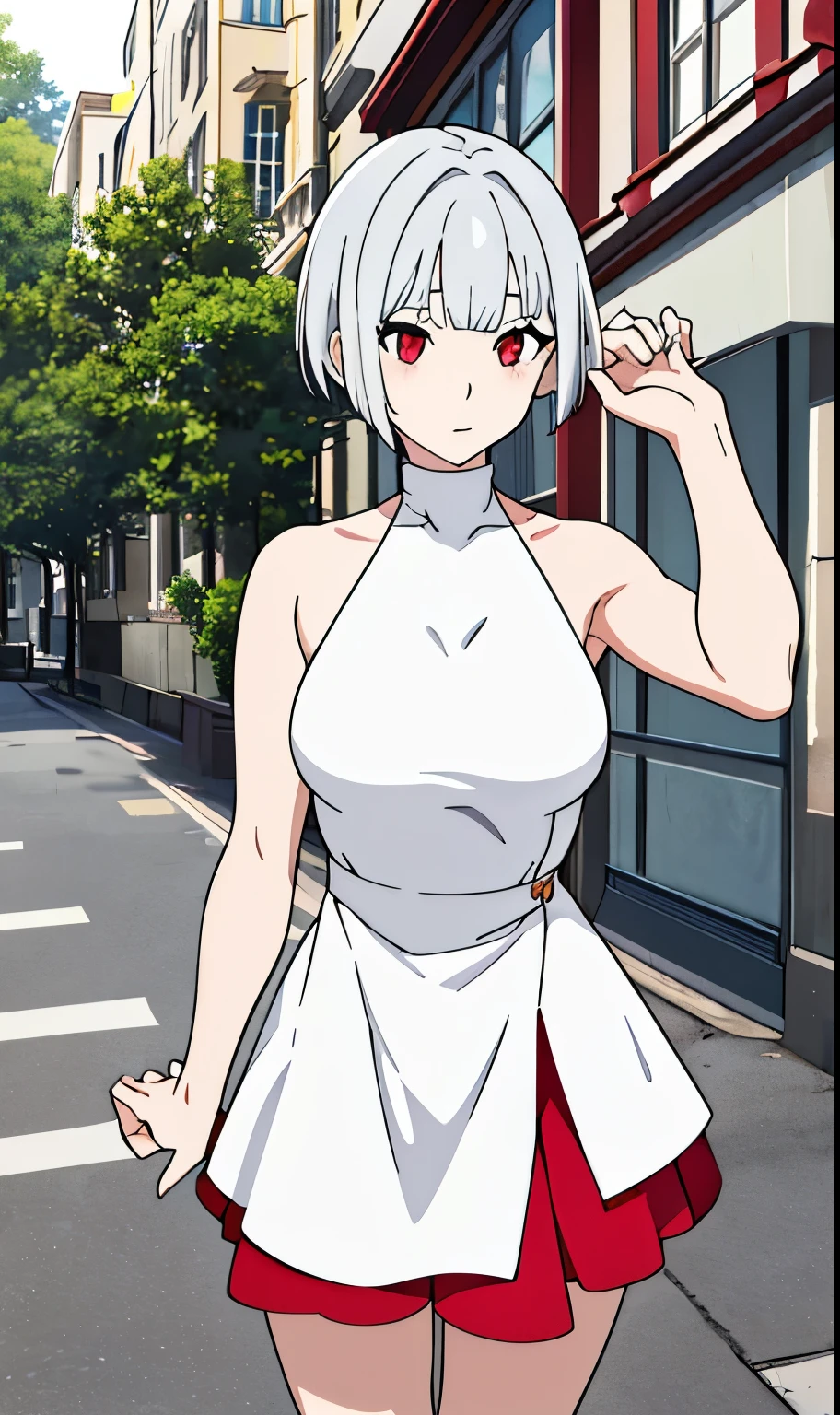 highest quality, 1 girl, (sKindentation), (huge breasts:1.2), (blur bacKground:0.6), (street:1.2), (people々, crowd:1), garden, Day, outdoor, red eyes、white hair(Red casual yet stylish, Elegant Fabric, high necK dress:1.5),(I'm wearing black tights.), nice,gray hair (white bangs, short hair:1.5), (dynamic pose:1.2), soft lighting, Wind, (front light:1.5), maKeup,