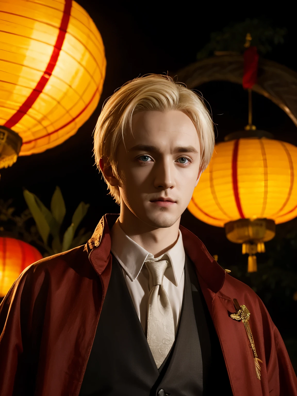 Draco Malfoy played by Tom Felton,Chinese lantern,The background is a Chinese dragon,grace,Exquisite,meticulous portrait