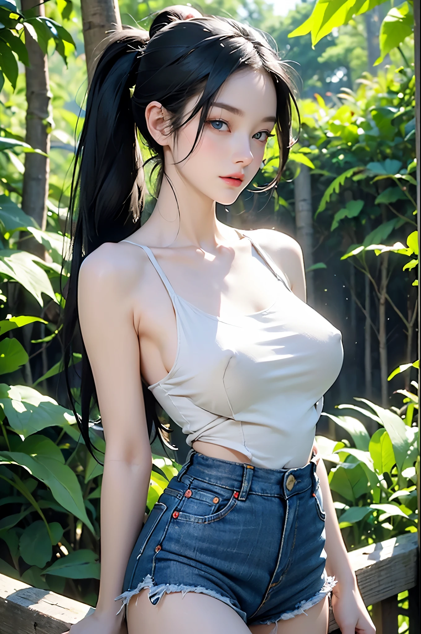 detailed, (masterpiece:1.2), (pale nipples_skin:1.2), (alone:1.2), (woman), (emphasis lines:1.3), thin and long, (black hair), outdoor, Sky, bare shoulders, clavicle, wristband, Leaves, trees, blue eyes, ponytail, (sleeveless white shirt), torn denim shorts, (cap), headgear, (aldult:1.3)(huge breasts:1.2),湿skin（（rogue））Cool atmosphere