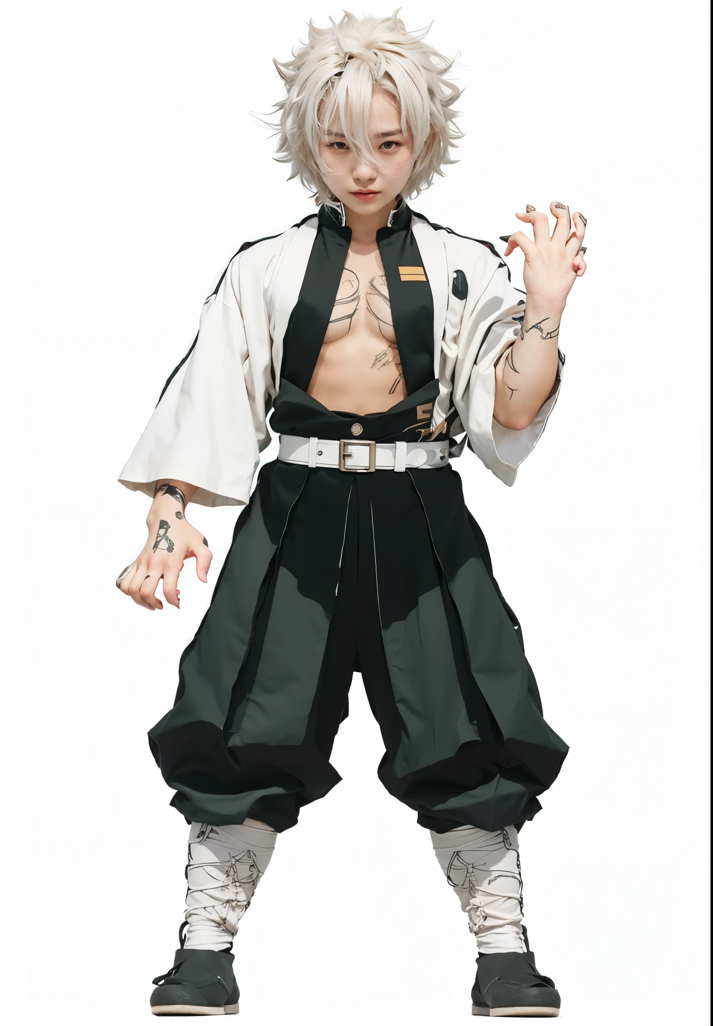 young korean woman Has a scar on his face, has short white hair, wears black clothes, reveals his chest, and a white robe.