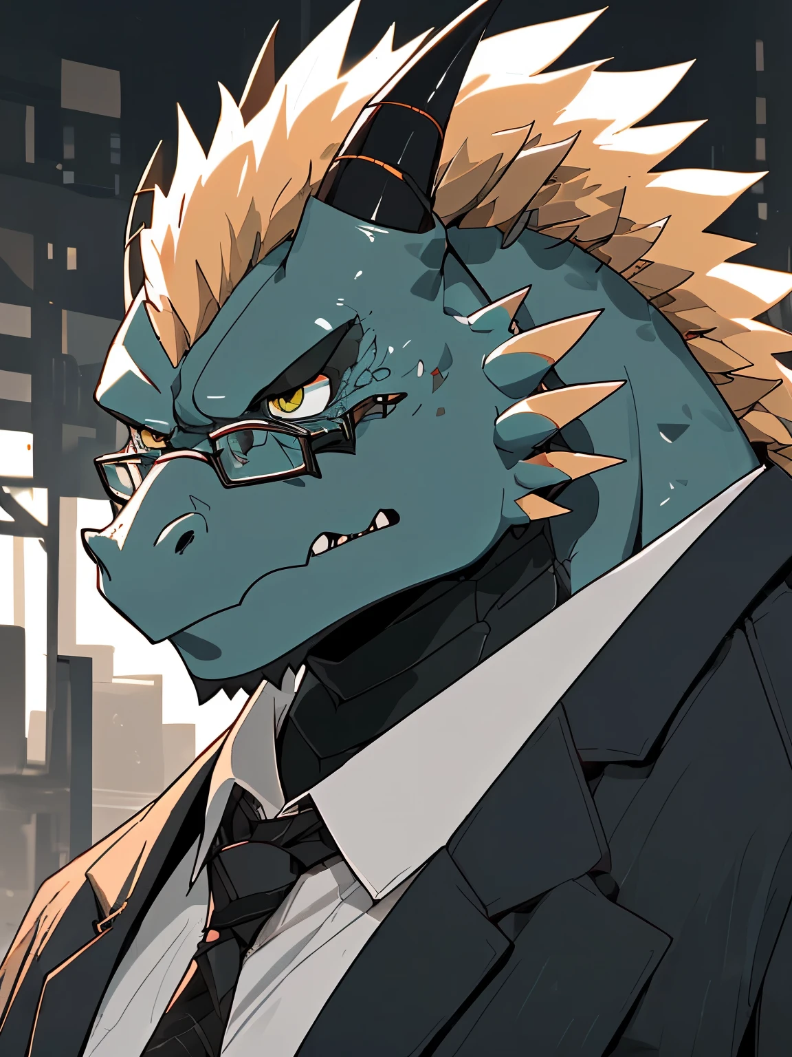 All black，dragon，furry，Fat and strong，身材肥Fat and strong硕，Wearing black-rimmed glasses，Wear an open coat，excoriating，serious，boss，fierce expression，No human skin allowed，The head is rounder，Detailed portrayal of the face，Eye detail portrayal