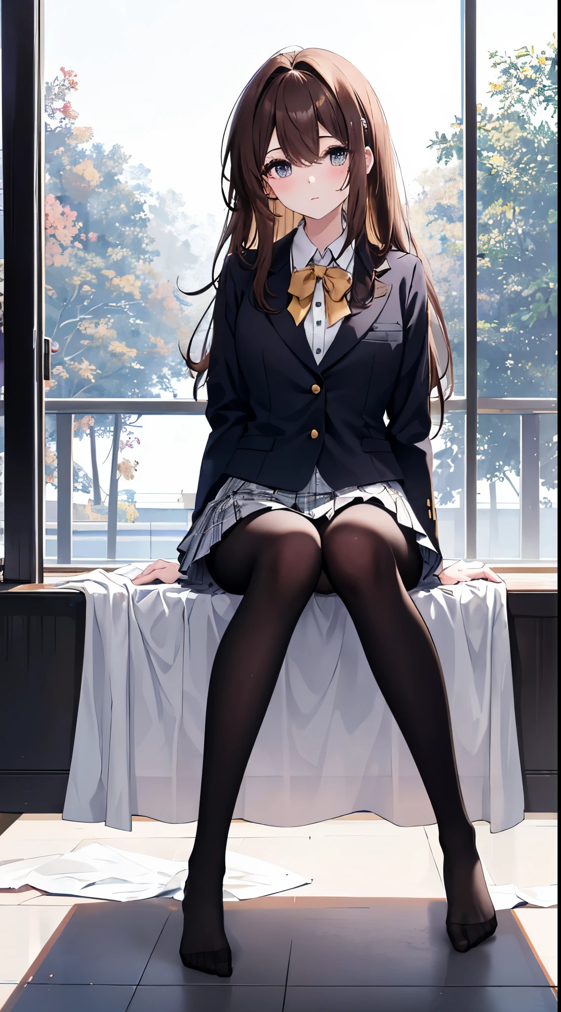 finest, masterpiece, High resolution, (Full body view from head to toe), front, frontやや下からの構図, Symmetrical, 18 year old tall girl, alone, (whole body from head to toe), (small breasts), Unkempt brown hair, bangs, (black tights), (black pantyhose), (sitting with legs spread apart), (squating pose), (composition showing white panties), (Her legs are spread open and her white panties are visible.), (made to sit on the floor with legs spread), (M-shaped legs), Slender legs, A very beautiful and tall 18 year old girl, (not wearing shoes), blush, shy big eyes, looking at camera, Blazer Uniform, Plaid pleated skirt