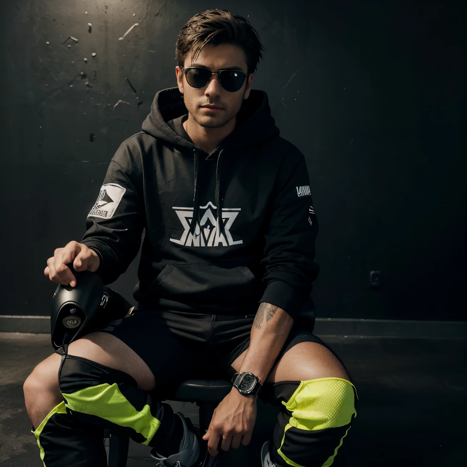 Create a 3D illusion for a profile picture where a 25-Year-old cute boy in a black hoodie Sitting casualy on a Yamaha mt 15 bike
Wearing sneakers, and sunglasses, he looks ahead. The background features "CANDY EDITS " in big and capital Yellow neon light fonts on the dark grey wall. and there are wings to make it appear as if he is an angel.