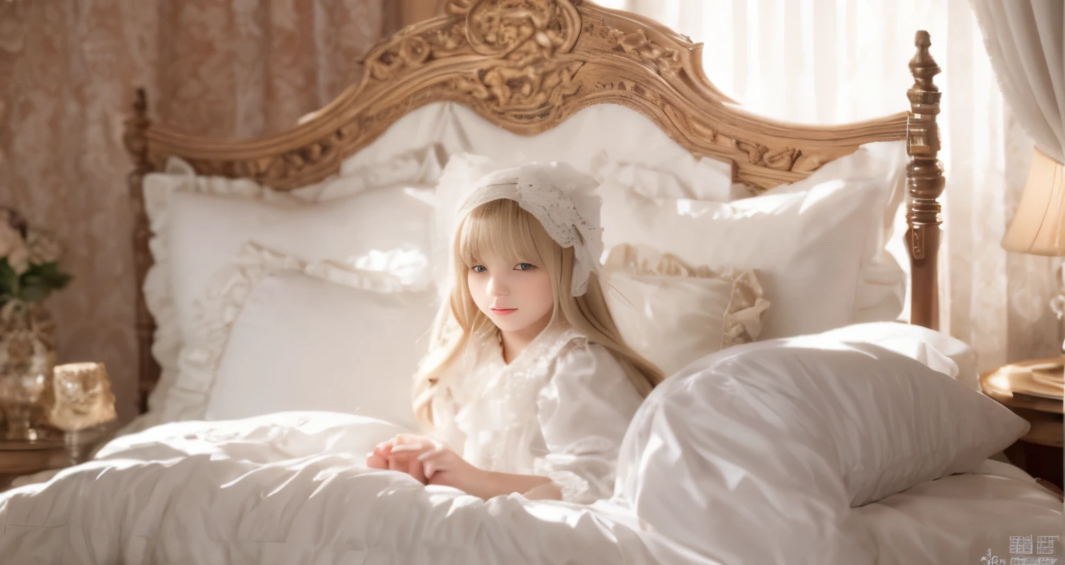,highest quality, masterpiece, highest resolution, artwork, super それにget used to it, many get used to it, get used to it, それにget used to it, 3K realistic photos,,((10 year old girl)),Super detailed young girl's face, Beautiful girl illustration,detailed beautiful face detailed hair,detailed human eye ,detailed mouth, arm details,detailed hands, european,(((Blonde with super long rolls))),blue eyes,pajamas,night wear,((((white nightgown)))),((フリルとリボンが沢山付いたwhite nightgown)),((1920 style nightgowns)),wearing a nightcap,((Nightcap with frills and ribbon)),victorian nightgowns,Yoke collar with ruffles and ribbons,Long sleeves with ruffles,Long skirt up to the ankle,((The whole body is reflected)),white ruffle and lace socks,Wearing slippers with frills and ribbons,Pillow with large frills and ribbons,detailed costume,Detailed pillow,sitting on the bed,on a luxurious canopy bed,four poster bed with canopy,Luxurious curtains on both sides and behind the bed,many frilly pillows on the bed,super detailed background,Detailed bed,romantic atmosphere,The lower half of the body is hidden under the futon,