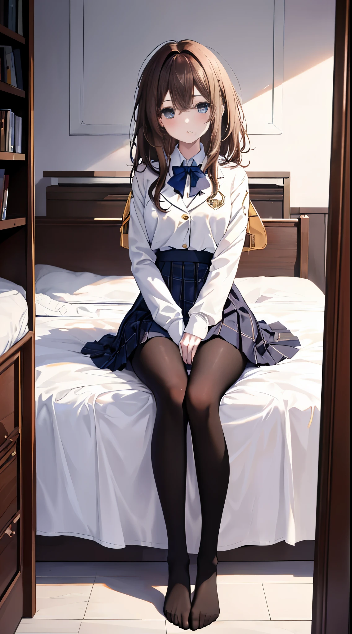 finest, masterpiece, High resolution, (Full body view from head to toe), front, frontやや下からの構図, Symmetrical, 18 year old tall girl, alone, (whole body from head to toe), (small breasts), Unkempt brown hair, bangs, (black tights), (black pantyhose), (sitting with legs spread apart), (squating pose), (composition showing white panties), (Her legs are spread open and her white panties are visible.), (made to sit on the floor with legs spread), (M-shaped legs), Slender legs, A very beautiful and tall 18 year old girl, (not wearing shoes), blush, shy big eyes, looking at camera, Blazer Uniform, Plaid pleated skirt